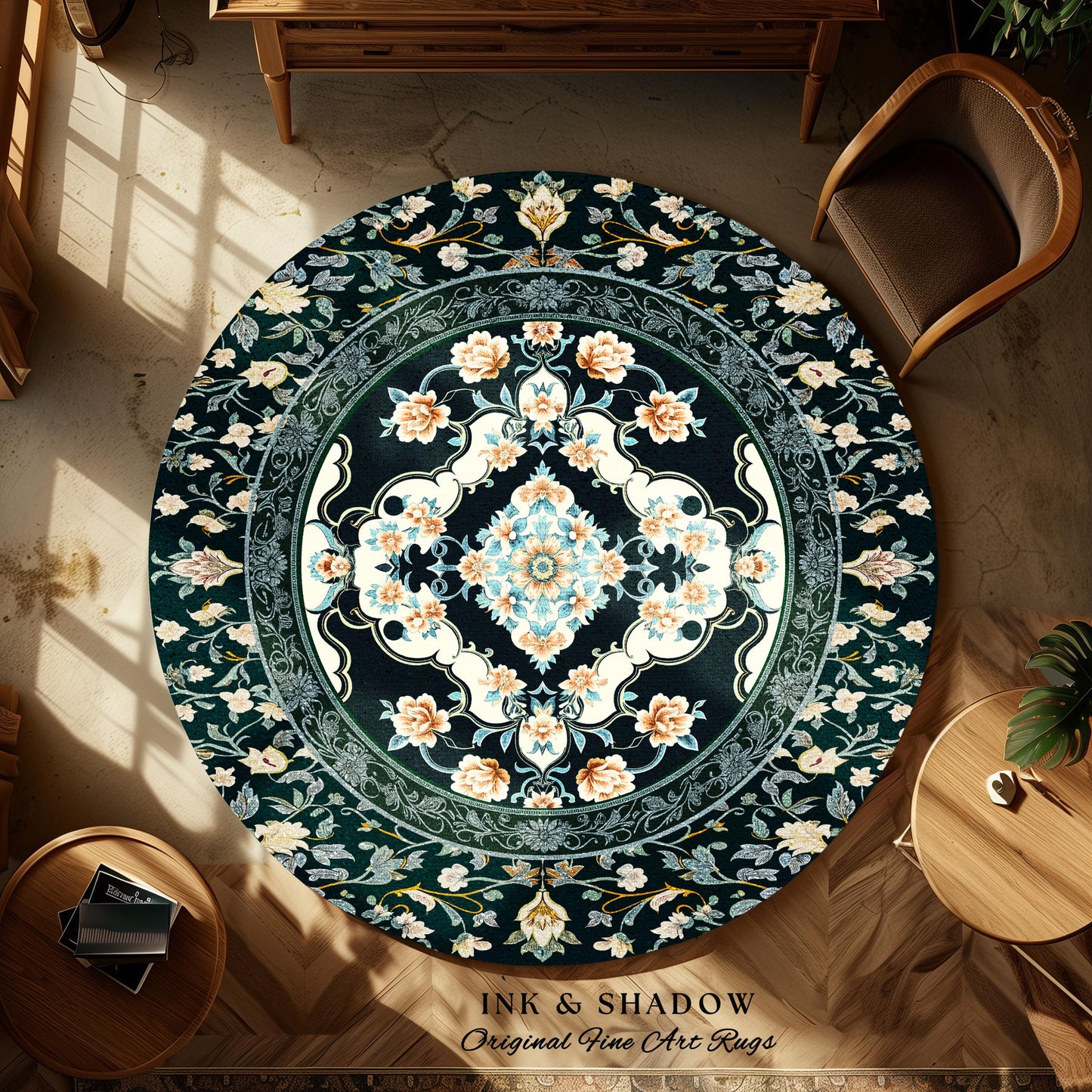 Timeless Aesthetic Pastel Gothic Area Rug | Dark Academia Baroque Teal Antique Ornamental Motif Romantic Victorian Light Blue Room Accent |