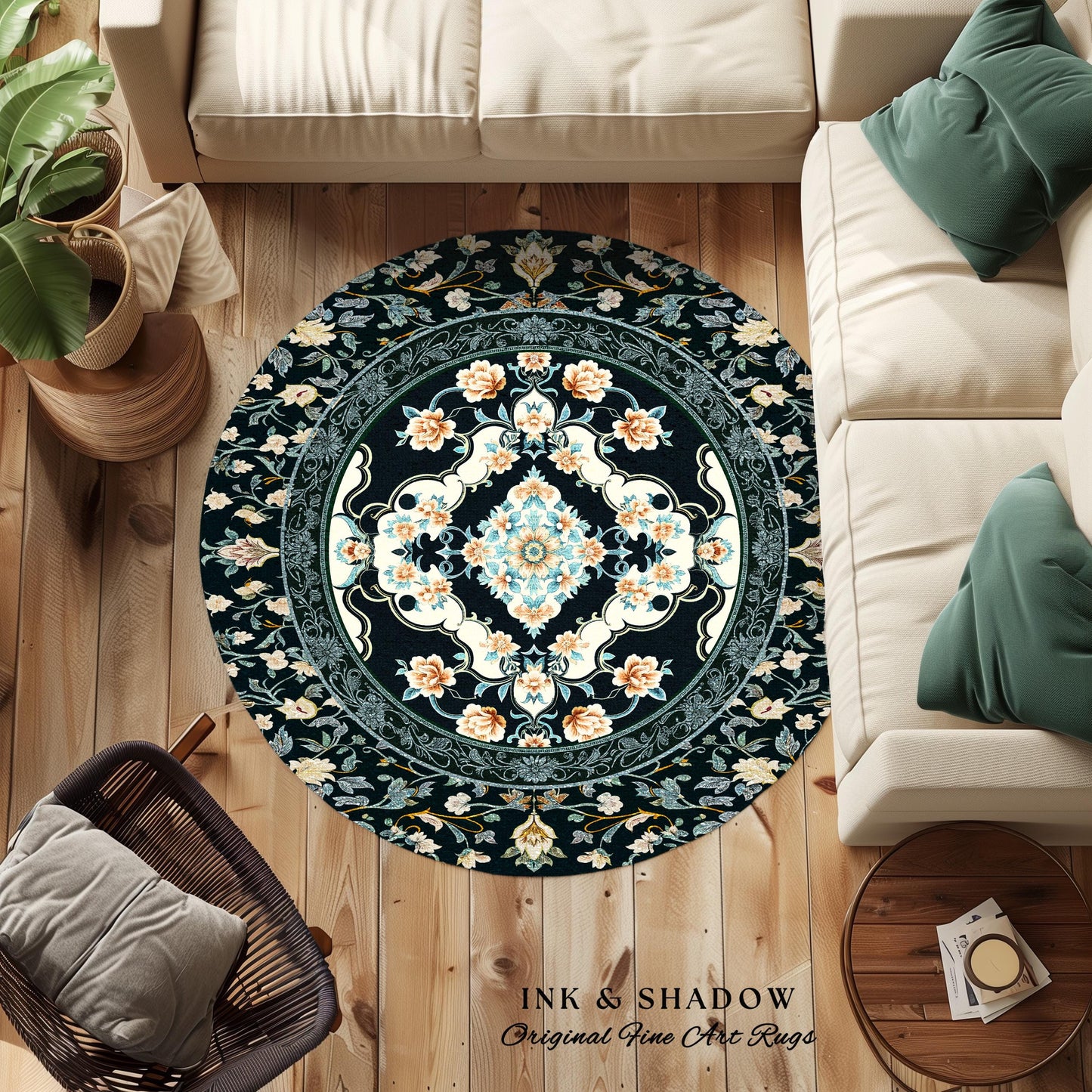 Timeless Aesthetic Pastel Gothic Area Rug | Dark Academia Baroque Teal Antique Ornamental Motif Romantic Victorian Light Blue Room Accent |
