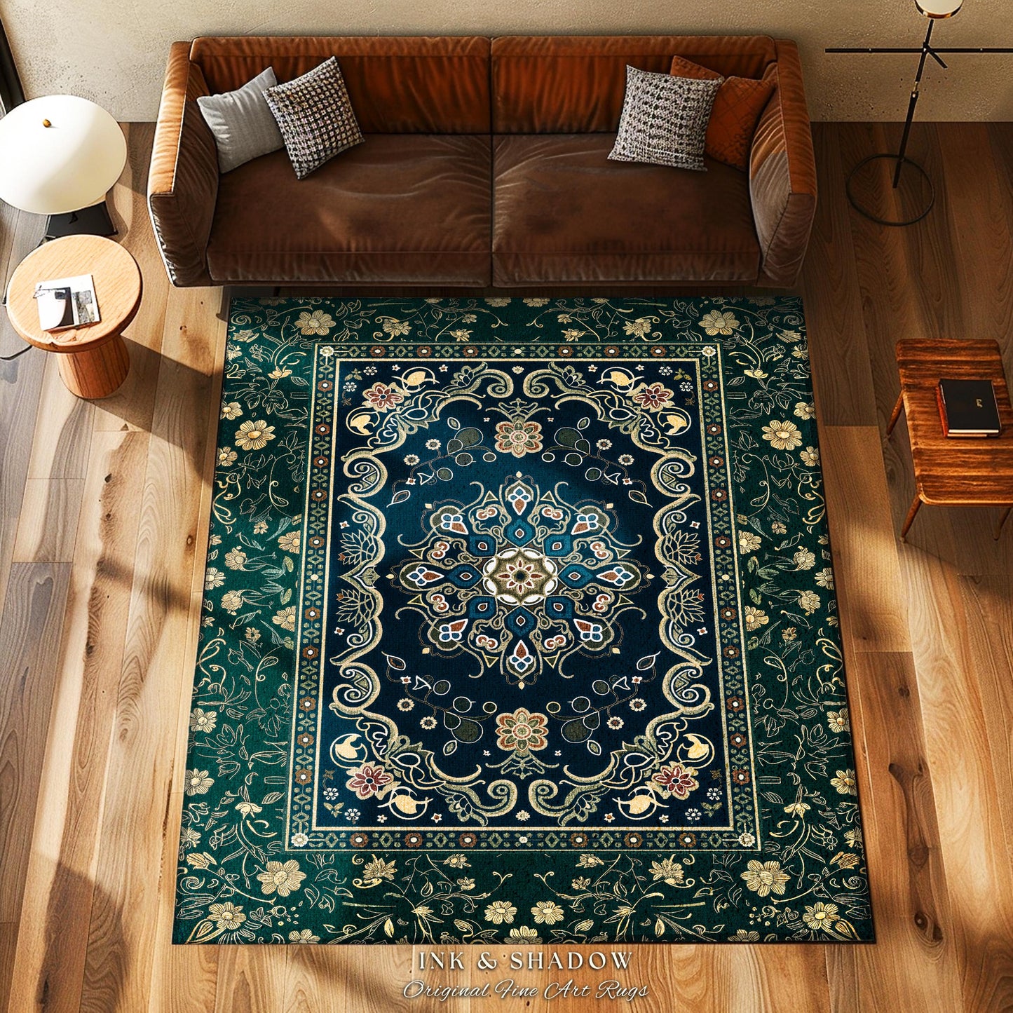Whimsical Emerald Teal Gothic Accent Rug | Ornate Baroque Design Dark Academia Decor Art Deco Boho Maximalist Bedroom Rug Ethereal Style |