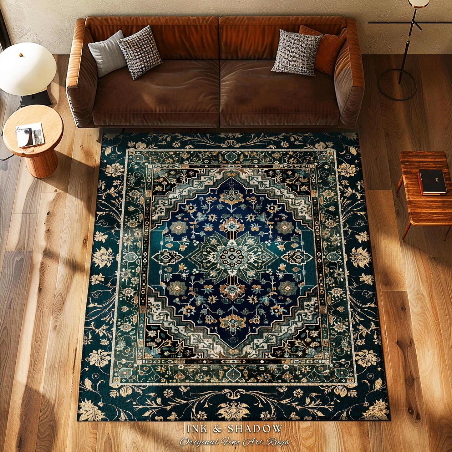 Victorian Baroque Area Rug | Midnight Emerald Ornate Design Gothic Art Deco Boho Accent Dark Academia Maximalist Home Statement Piece Witchy