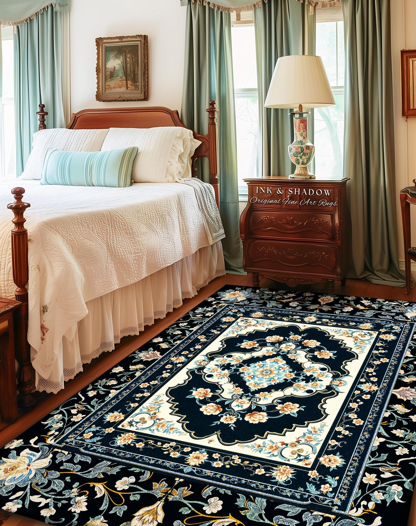 Timeless Aesthetic Pastel Gothic Area Rug | Dark Academia Baroque Teal Antique Ornamental Motif Romantic Victorian Light Blue Room Accent |