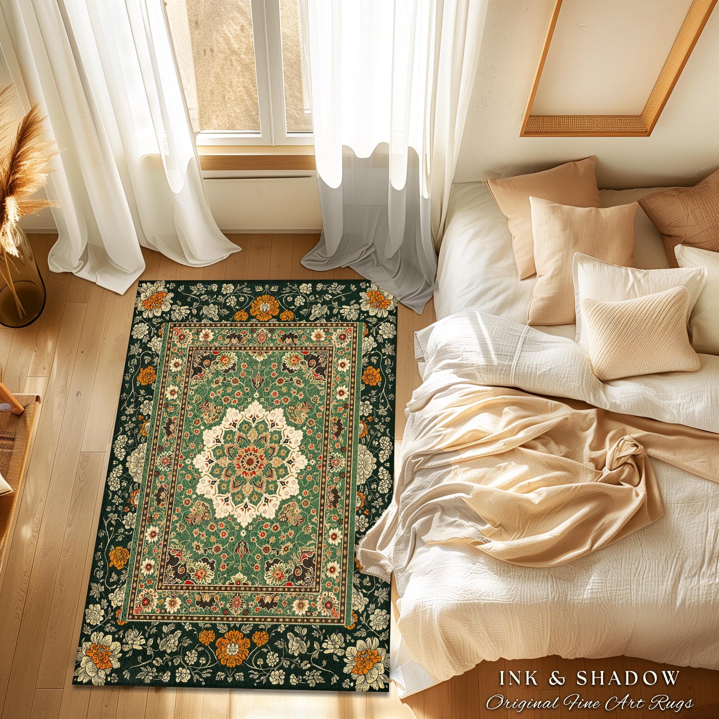 Aesthetic Sage Green Gothic Area Rug | Baroque Ornate Maximalist Design Antique Romance Art Nouveau Pattern Jade Green Victorian Influence