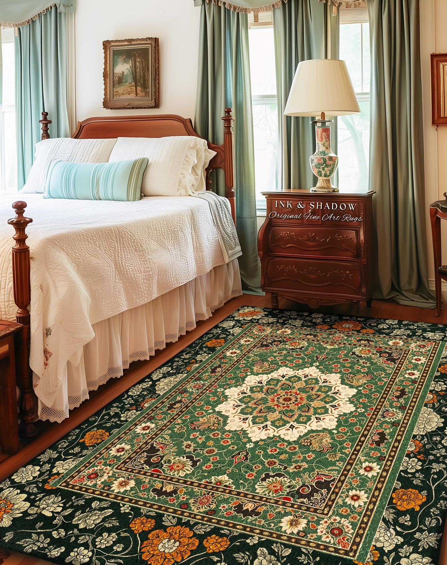 Aesthetic Sage Green Gothic Area Rug | Baroque Ornate Maximalist Design Antique Romance Art Nouveau Pattern Jade Green Victorian Influence