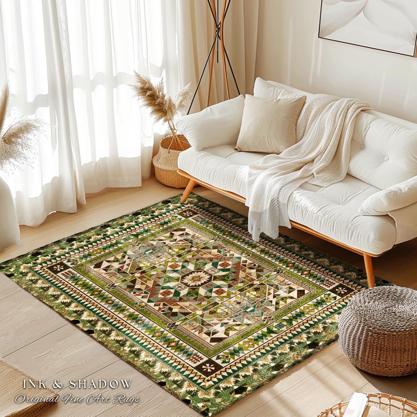 Natural Toned Geometric Area Rug | Warm Midcentury Styling Boho Accent Earth Palette Muted Color Interior Design Nordic Aesthetic Bohemian |