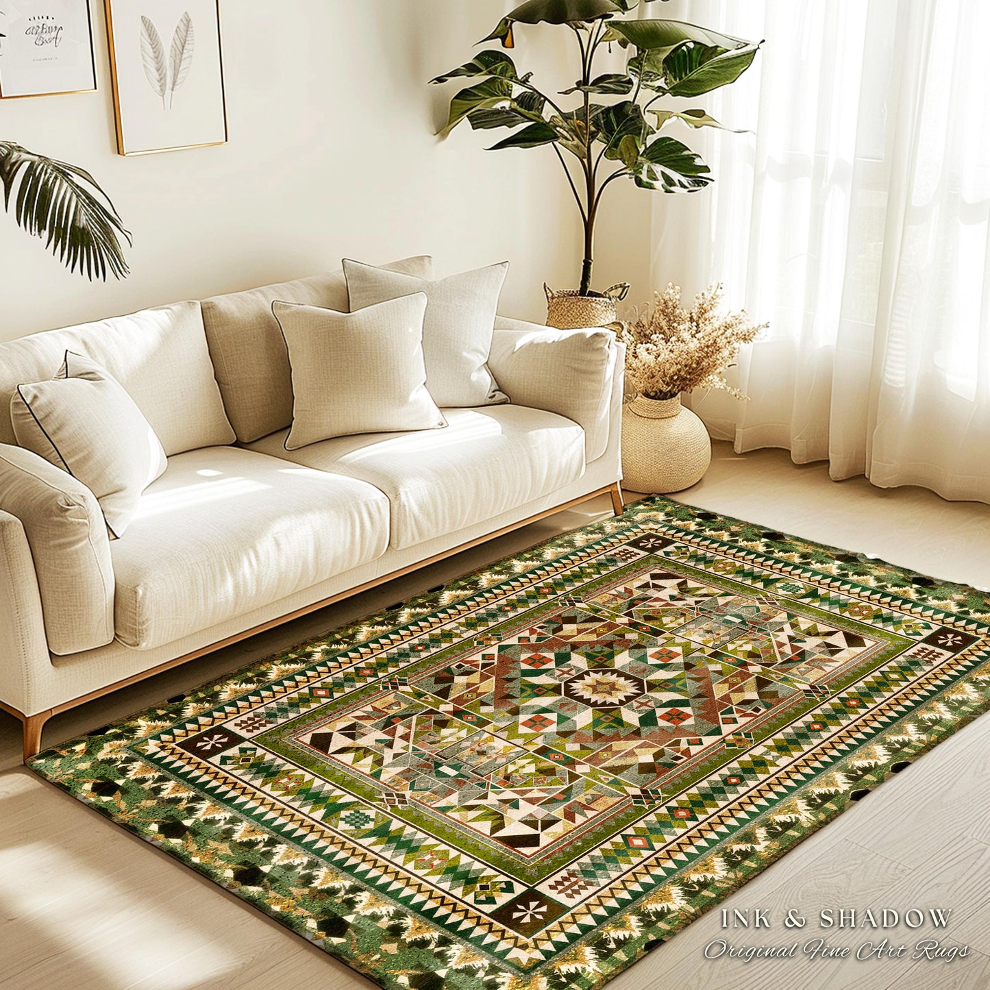 Natural Toned Geometric Area Rug | Warm Midcentury Styling Boho Accent Earth Palette Muted Color Interior Design Nordic Aesthetic Bohemian |