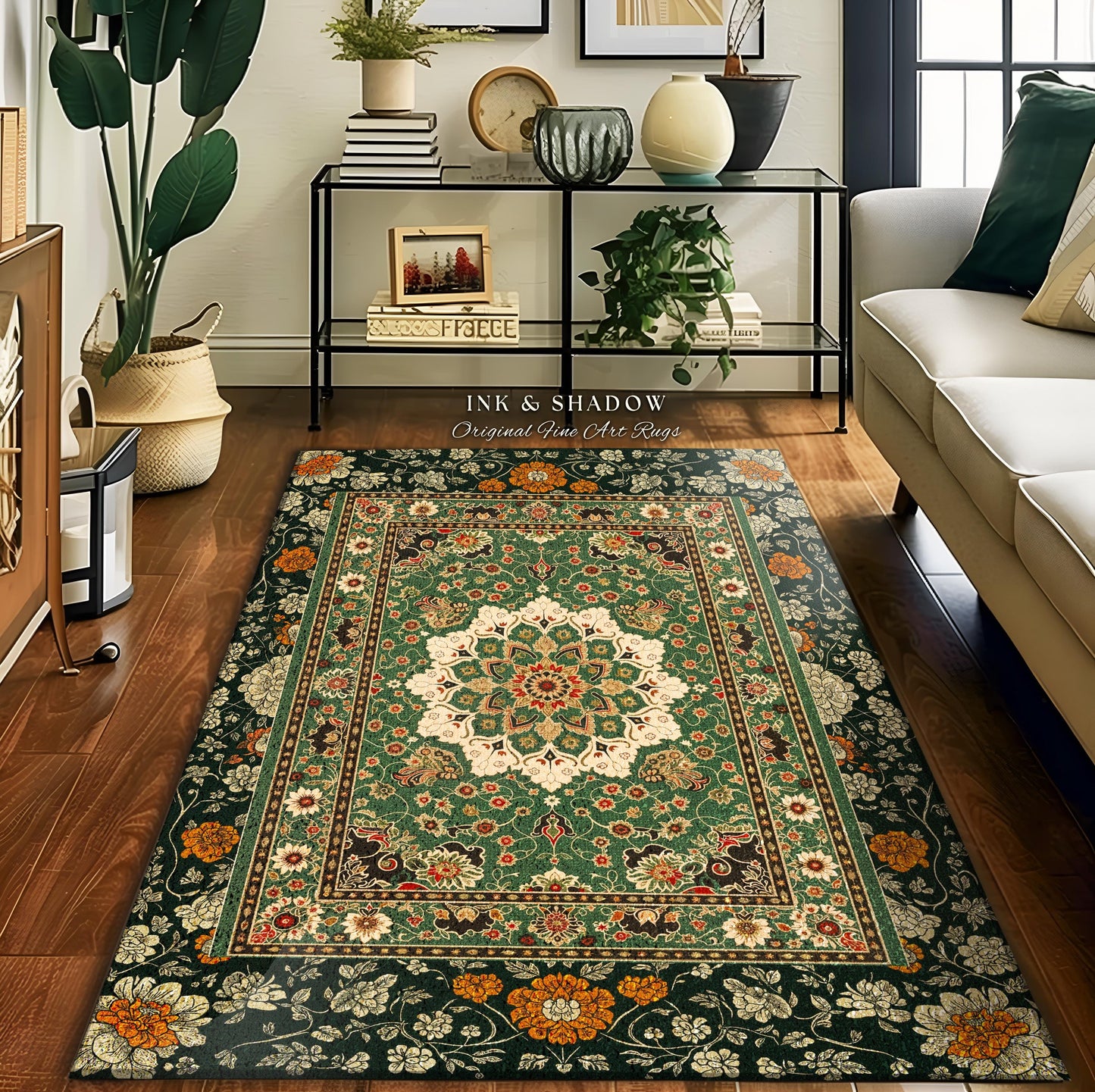 Aesthetic Sage Green Gothic Area Rug | Baroque Ornate Maximalist Design Antique Romance Art Nouveau Pattern Jade Green Victorian Influence