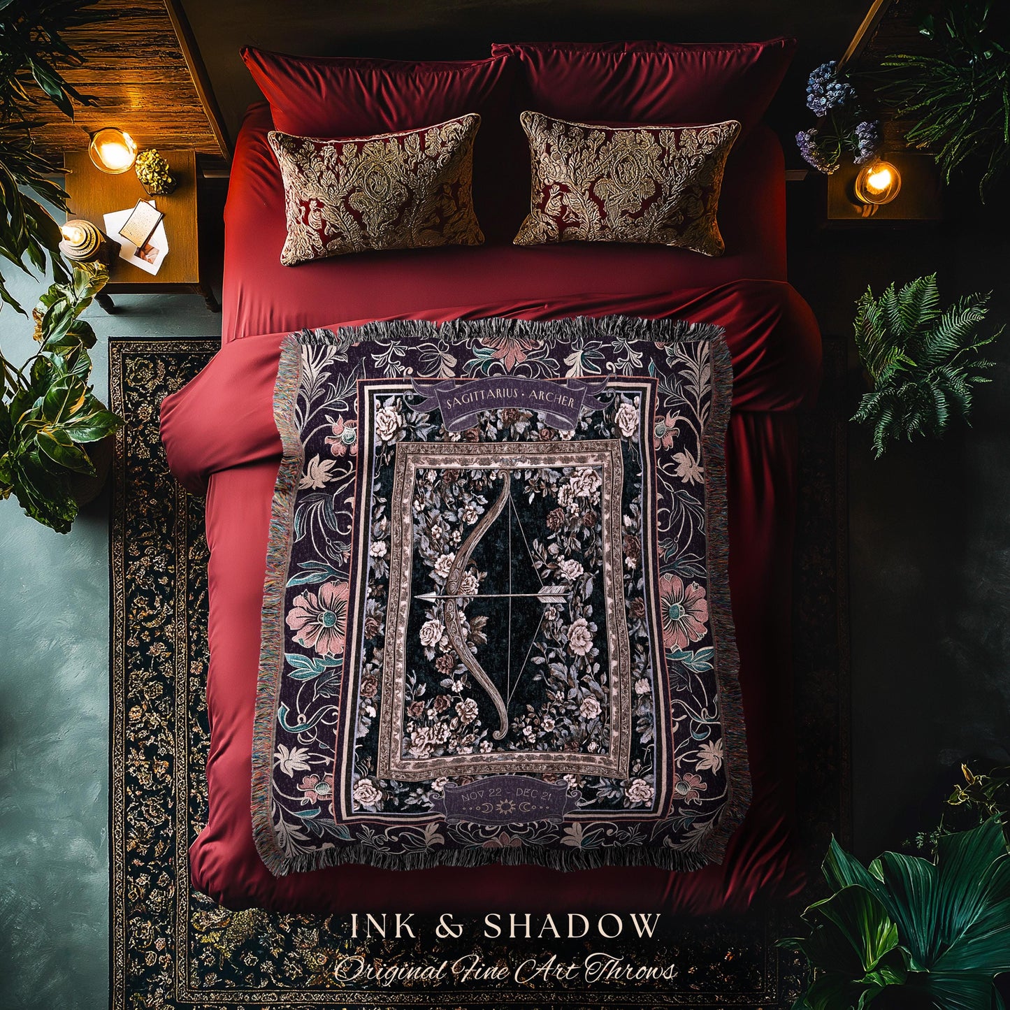 Floral Mystic Sagittarius Zodiac Dark Fairycore Tapestry Blanket Celestial Birthday Gift, The Archer Magic Witchy Whimsy Astrology Art Throw