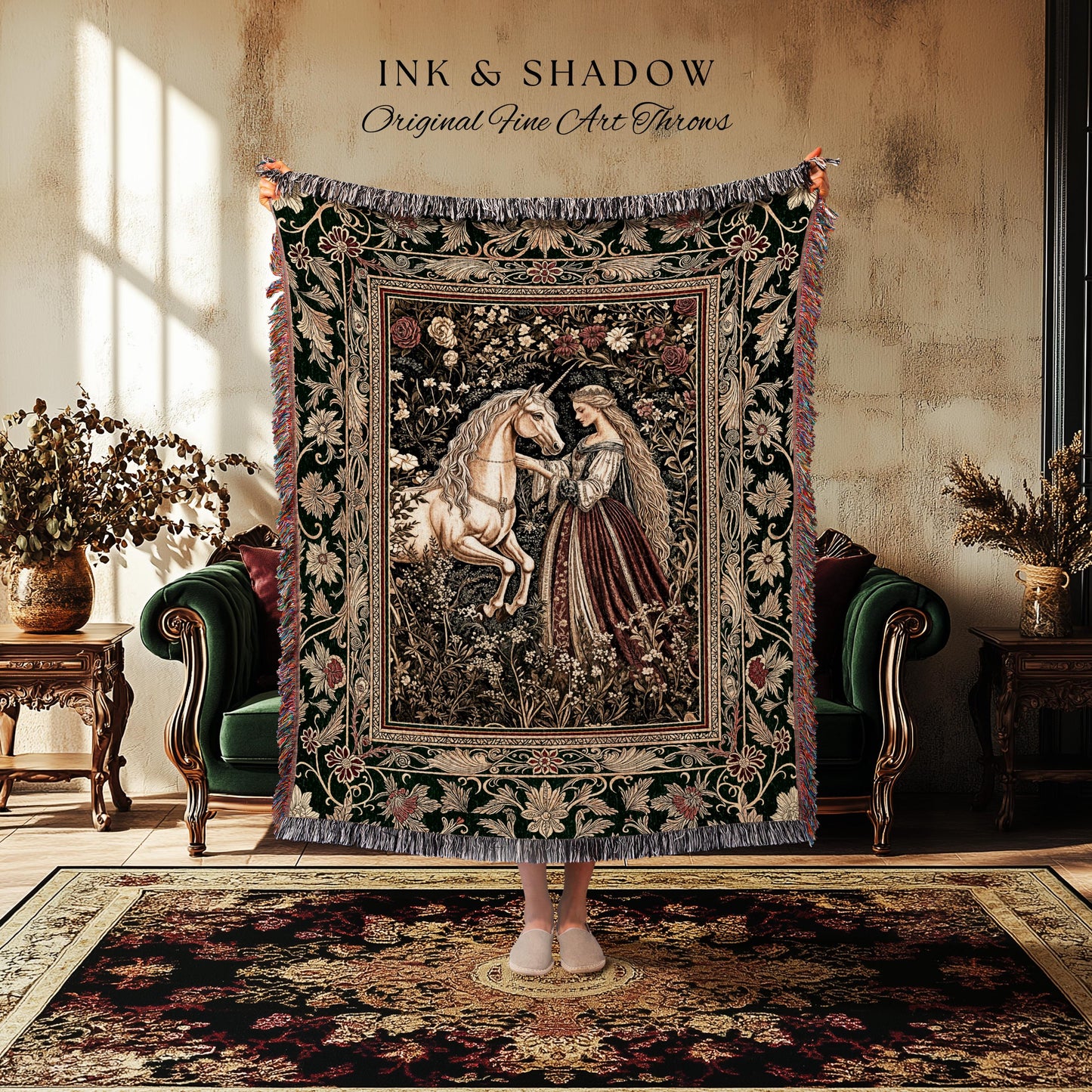 Renaissance Fairytale Floral Throw Blanket | Baroque Cottagecore Aesthetic Literary Goth Tapestry Regal Princesscore Bedroom Decor Medieval