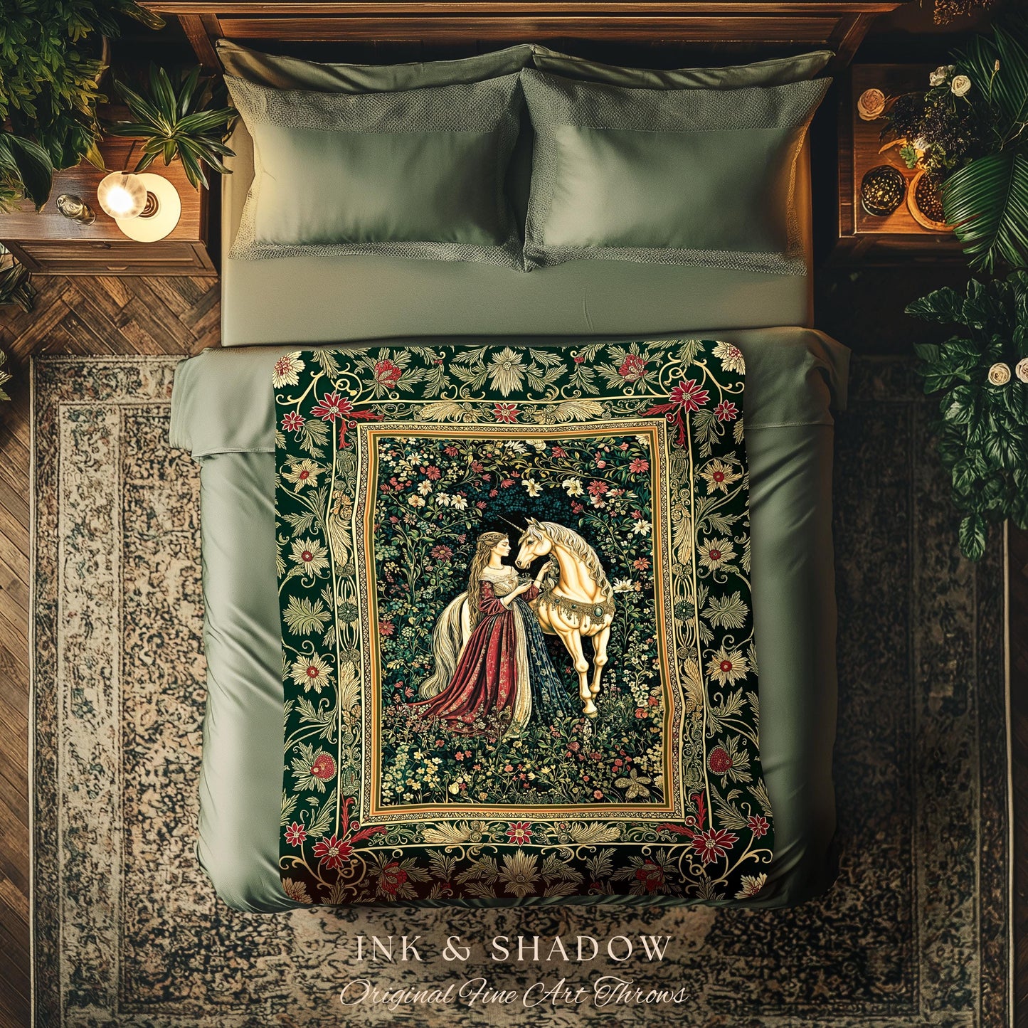 Dark Victorian Botanical Woven Wall Tapestry | Dreamy Rococo Storybook Aesthetic Romantic Fairy Bedroom Dark Cottagecore Throw Blanket |