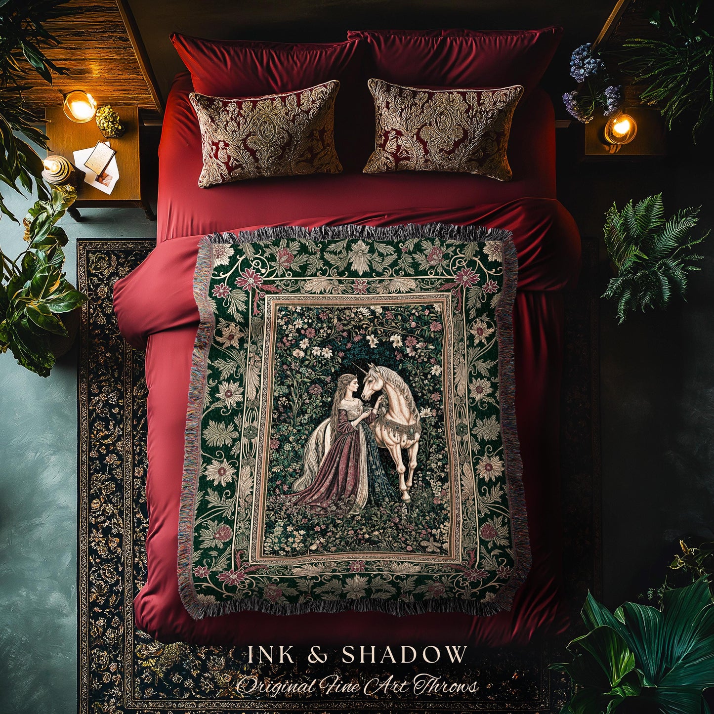 Dark Victorian Botanical Woven Wall Tapestry | Dreamy Rococo Storybook Aesthetic Romantic Fairy Bedroom Dark Cottagecore Throw Blanket |