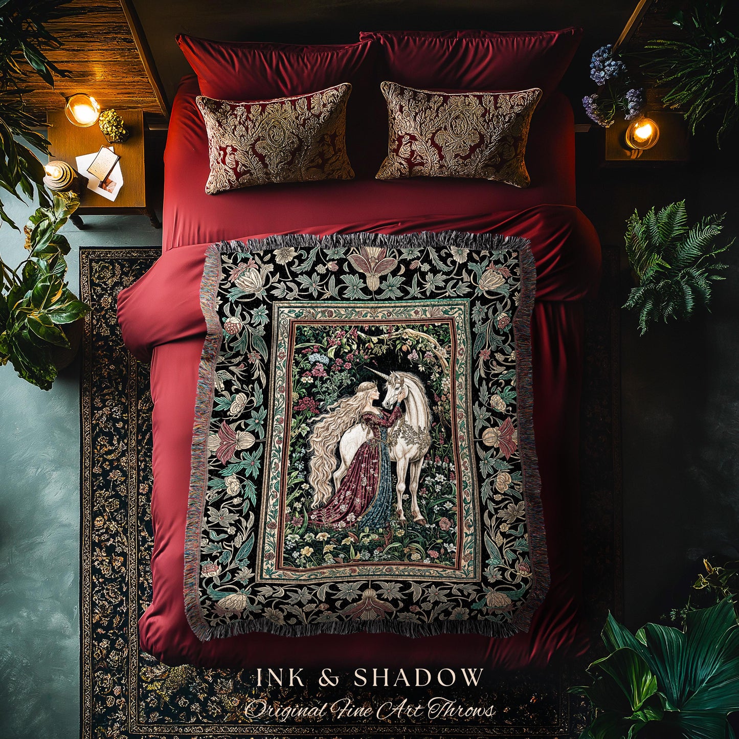 Baroque Fantasy Rustic Throw Blanket | Rococo Coquette Bedroom Decor Dark Royalcore Woven Wall Tapestry Medieval Storybook Gothic Aesthetic
