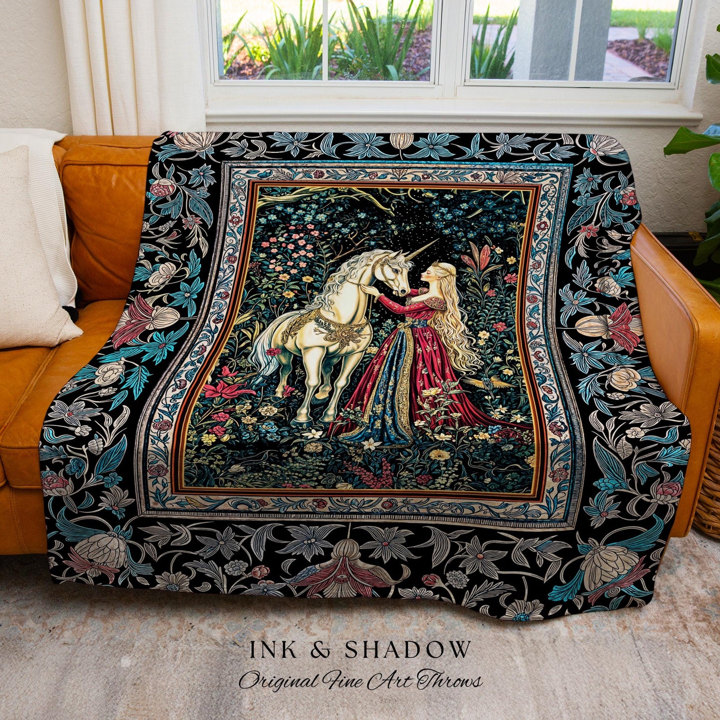 Rustic Fairytale Dark Teal Throw Blanket | Rococo Baroque Inspired Decor Medieval Princesscore Woven Tapestry Dreamy Fantasy Bedroom Style |