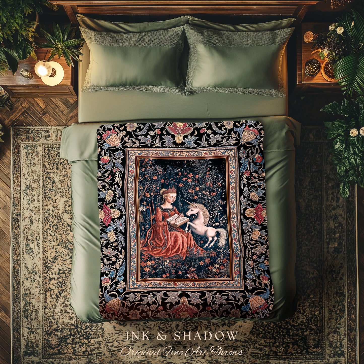 Fairytale Unicorn Victorian Tapestry Blanket | Storybook Dark Academia Decor Fairytale Princess Rococo Tapestry Romantic Cottage Aesthetic |