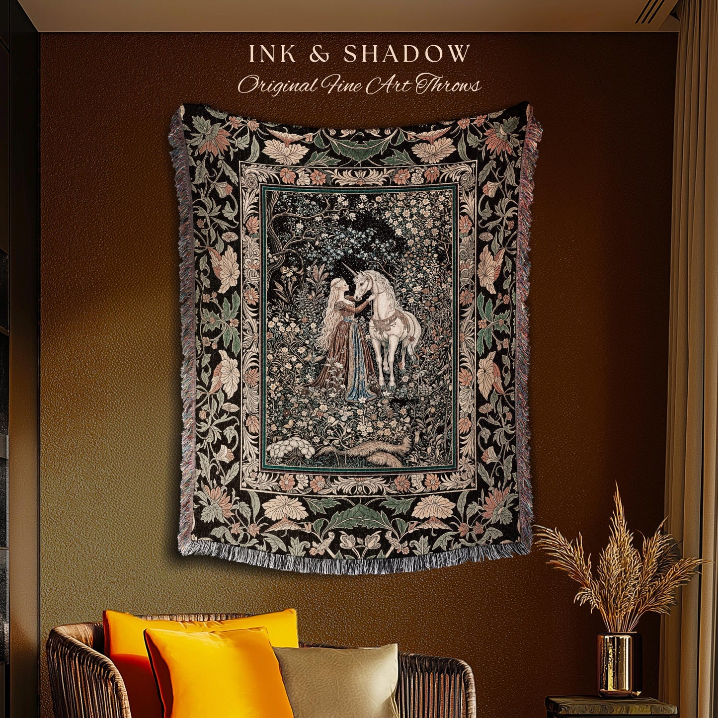 Magical Aesthetic Wildflower Throw Blanket | Ethereal Pastel Fairycore Mystic Medieval Woven Wall Tapestry Forest Spirits Dreamy Fairytale |