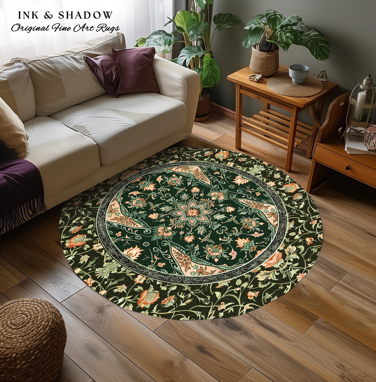 Elegant Sea Green Round Area Rug | Classic Ornate Statement Rug with Fine Emerald Green Detail Peachy Accent Bohemian Aesthetic for Bedroom