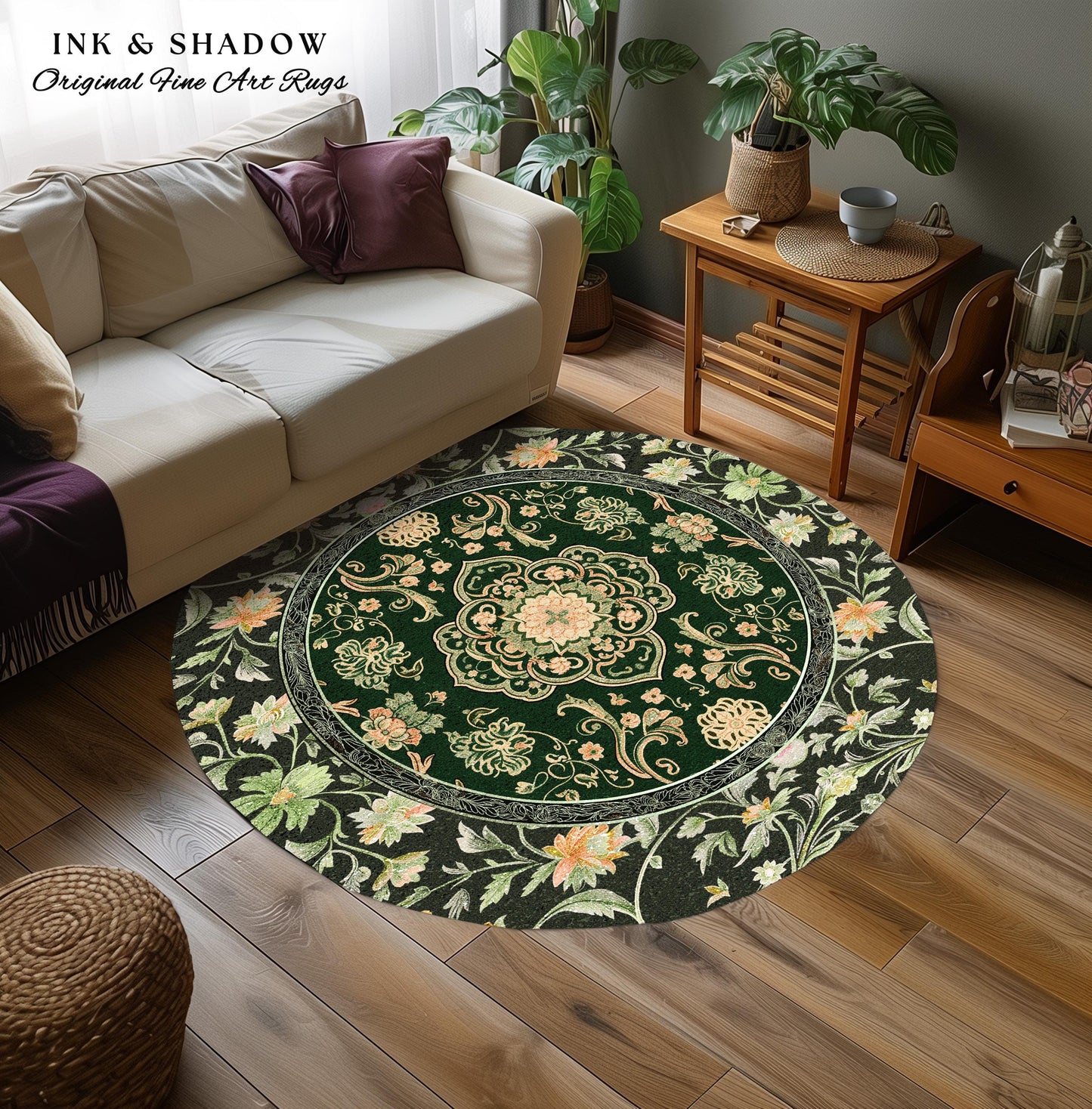 Emerald Round Accent Rug for Living Room | Classic Ornate Statement Rug with Green Detail Peachy Accent Bohemian Aesthetic Cozy Reading Nook