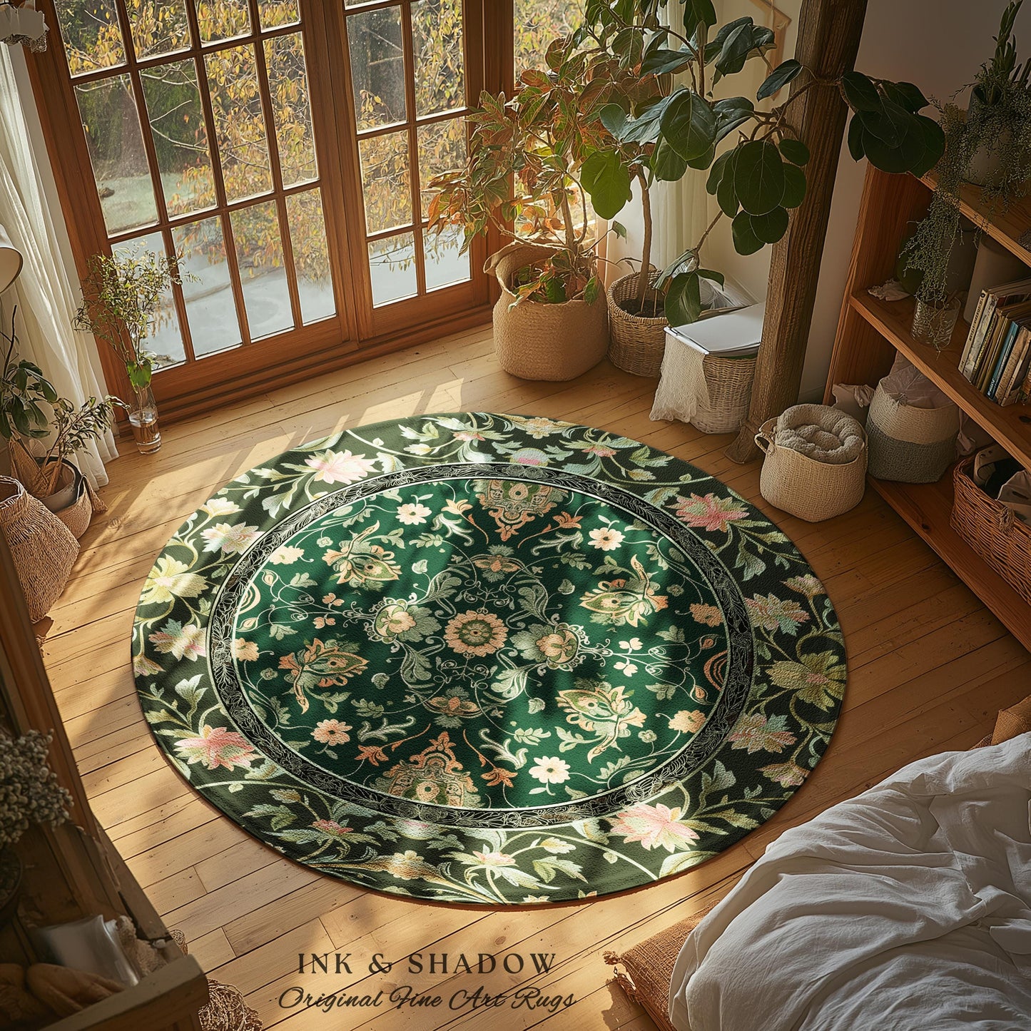 Ornate Emerald Green Round Accent Rug | Bohemian Style Cottagecore Area Rug Hippie Aesthetic Forest Green Detail Vibrant Color Bedroom Decor