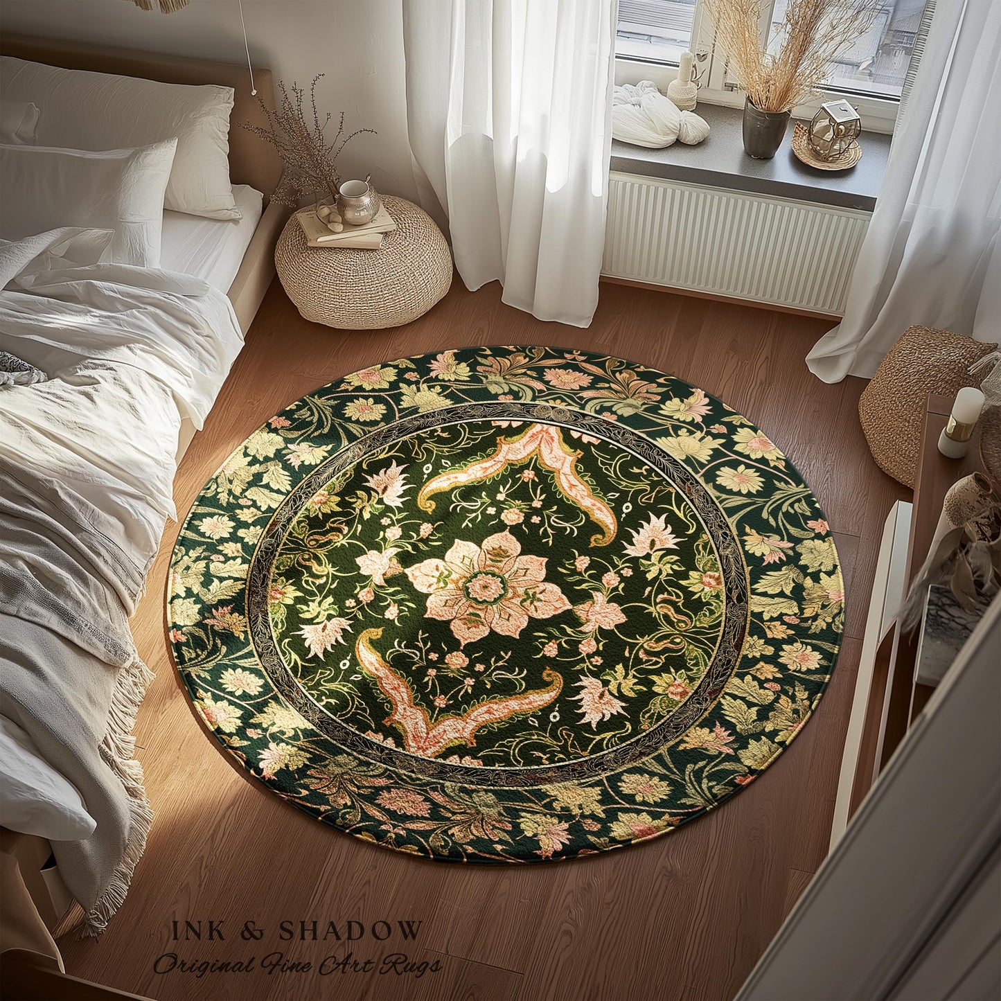 Baroque Elegance Ornate Round Accent Rug | Whimsical Bohemian Area Rug Classical Ornamental Style Victorian Floral Elegance Art Deco Bedroom