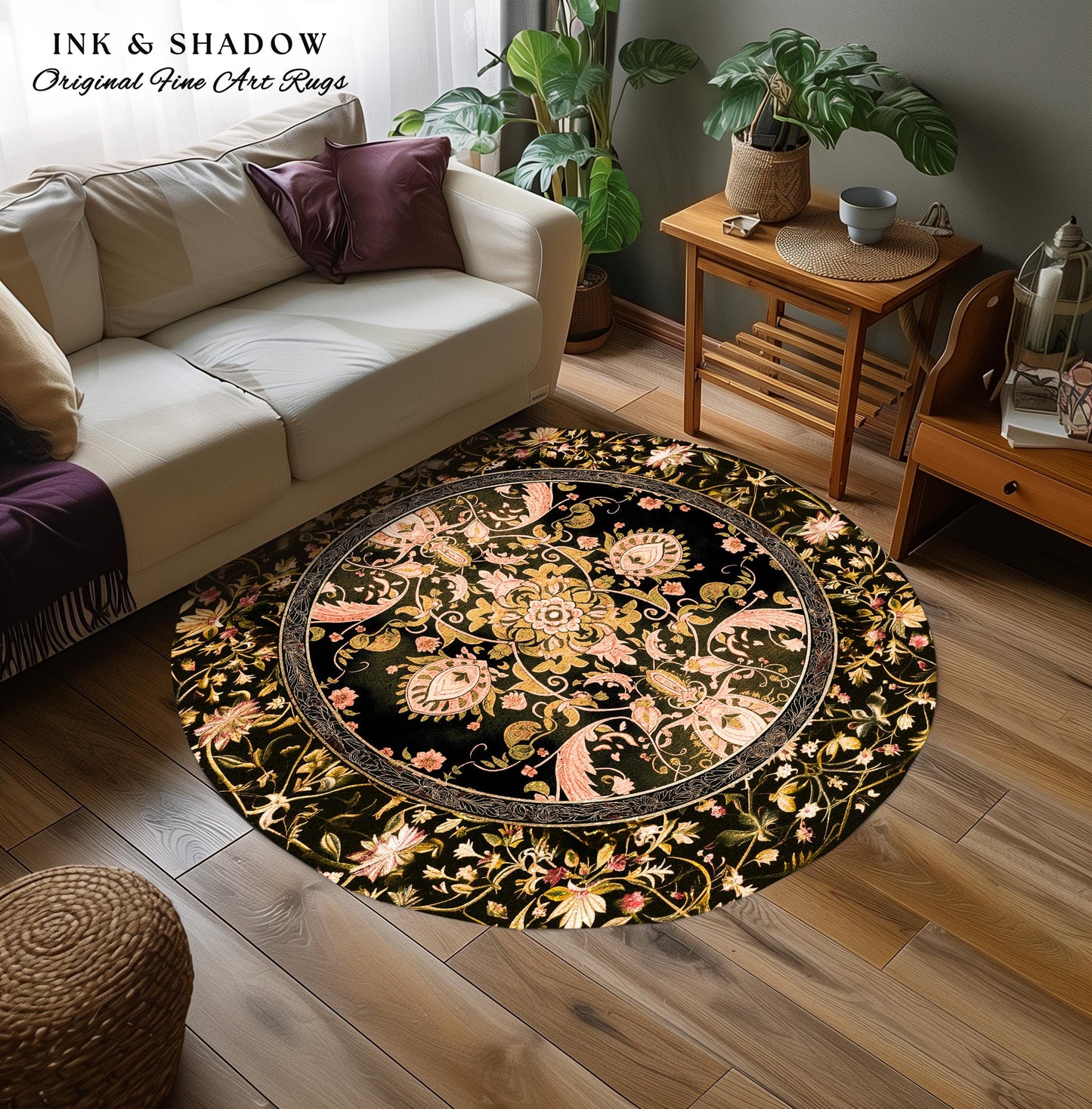 Modern Royal Aesthetic Round Area Rug | Ethereal Florals Pastel Whimsical Cottagecore Trendy Dark Academia Home Accent Rug Bohemian Retro