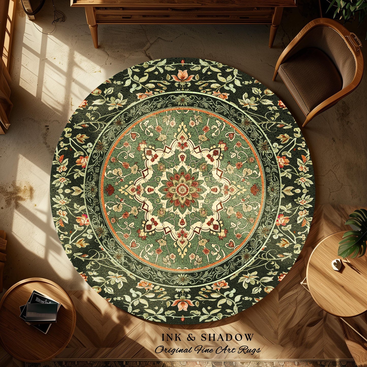 Ornate Floral Medallion Sage Green Round Rug Antique Persian Style Ethereal Botanical Elegance, Vintage Victorian Gothic Cottagecore Unique
