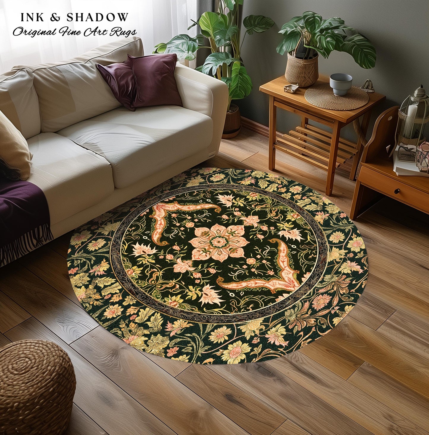 Baroque Elegance Ornate Round Accent Rug | Whimsical Bohemian Area Rug Classical Ornamental Style Victorian Floral Elegance Art Deco Bedroom