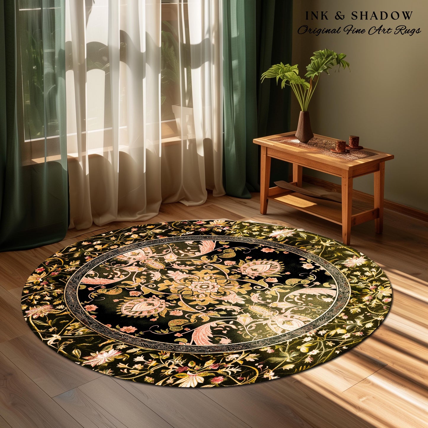 Modern Royal Aesthetic Round Area Rug | Ethereal Florals Pastel Whimsical Cottagecore Trendy Dark Academia Home Accent Rug Bohemian Retro