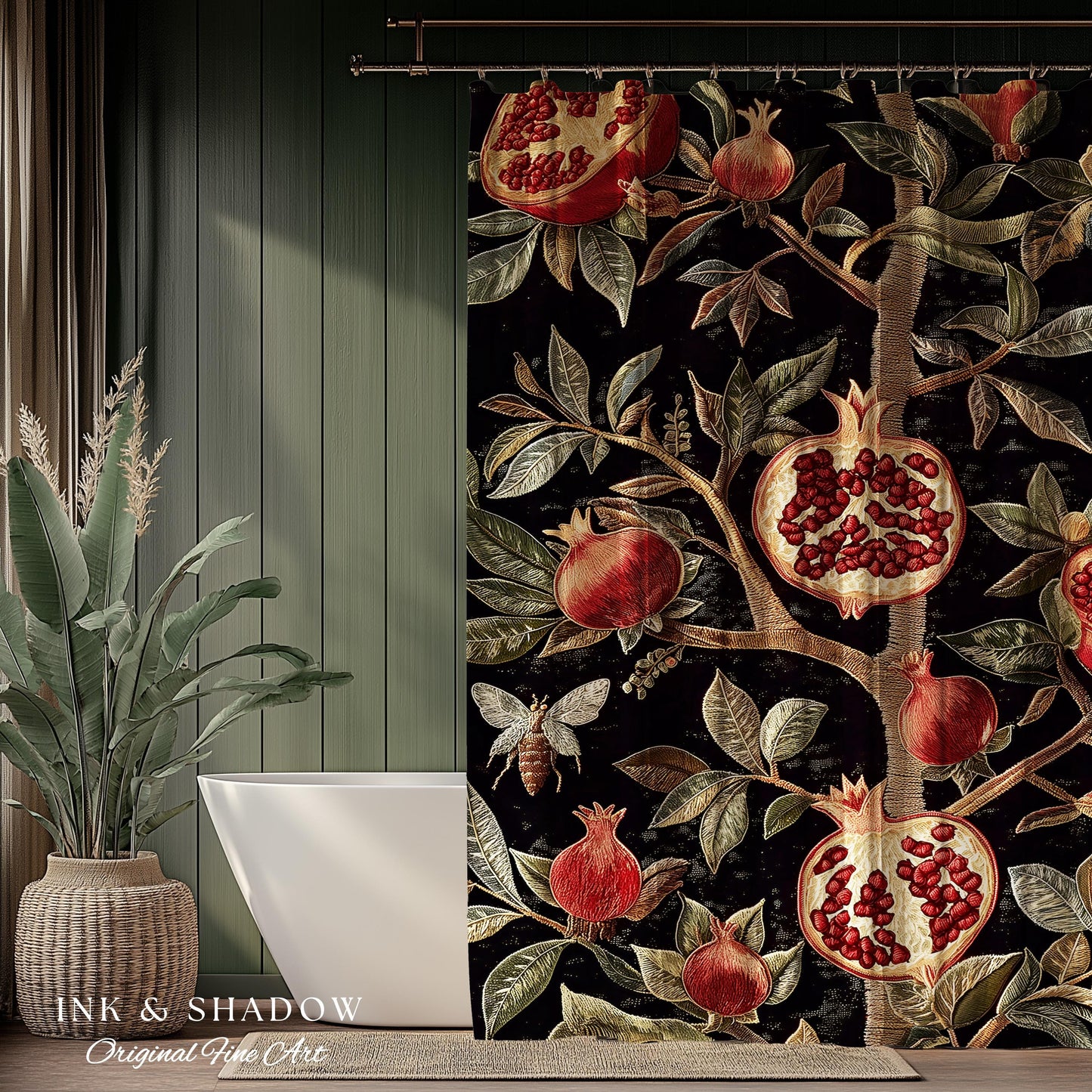Gothic Pomegranate Shower Curtains Mystical Botanical | Baroque Inspired Dark Academia Floral Butterfly Fruit Whimsigothic Bathroom Decor |