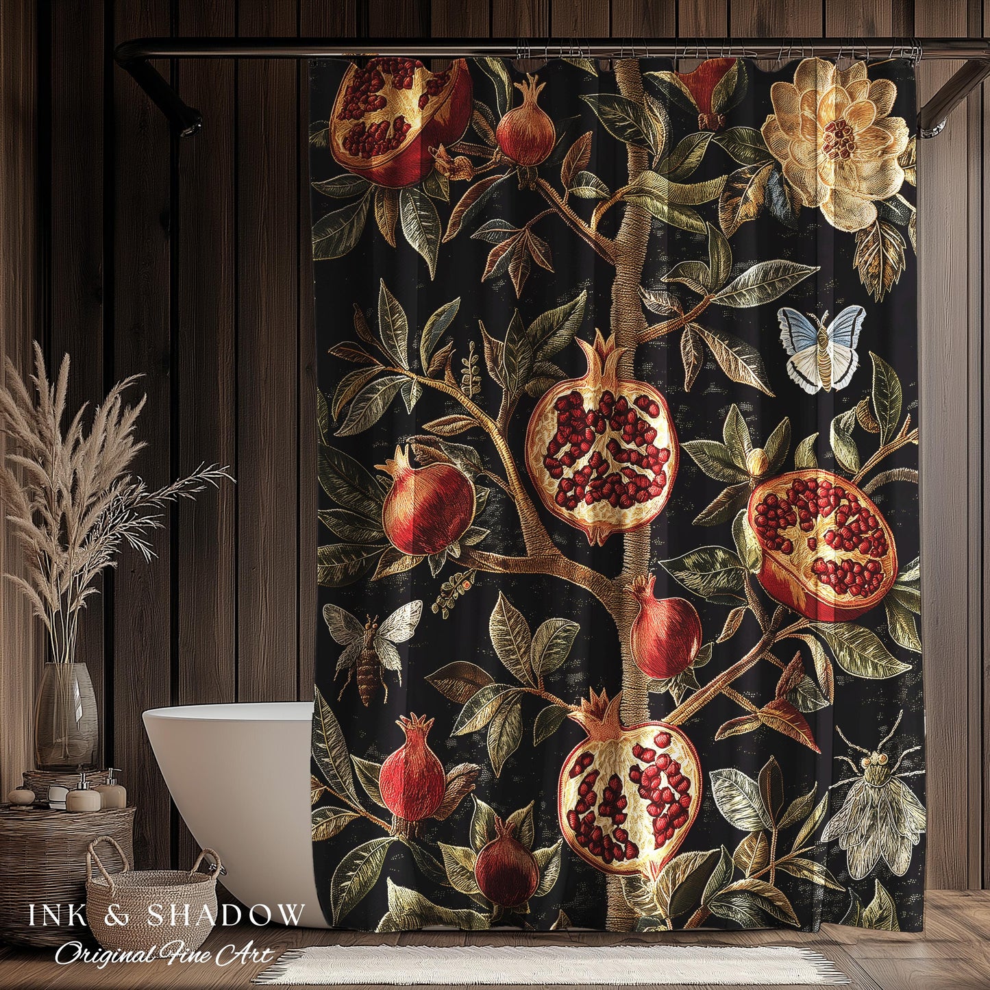 Gothic Pomegranate Shower Curtains Mystical Botanical | Baroque Inspired Dark Academia Floral Butterfly Fruit Whimsigothic Bathroom Decor |