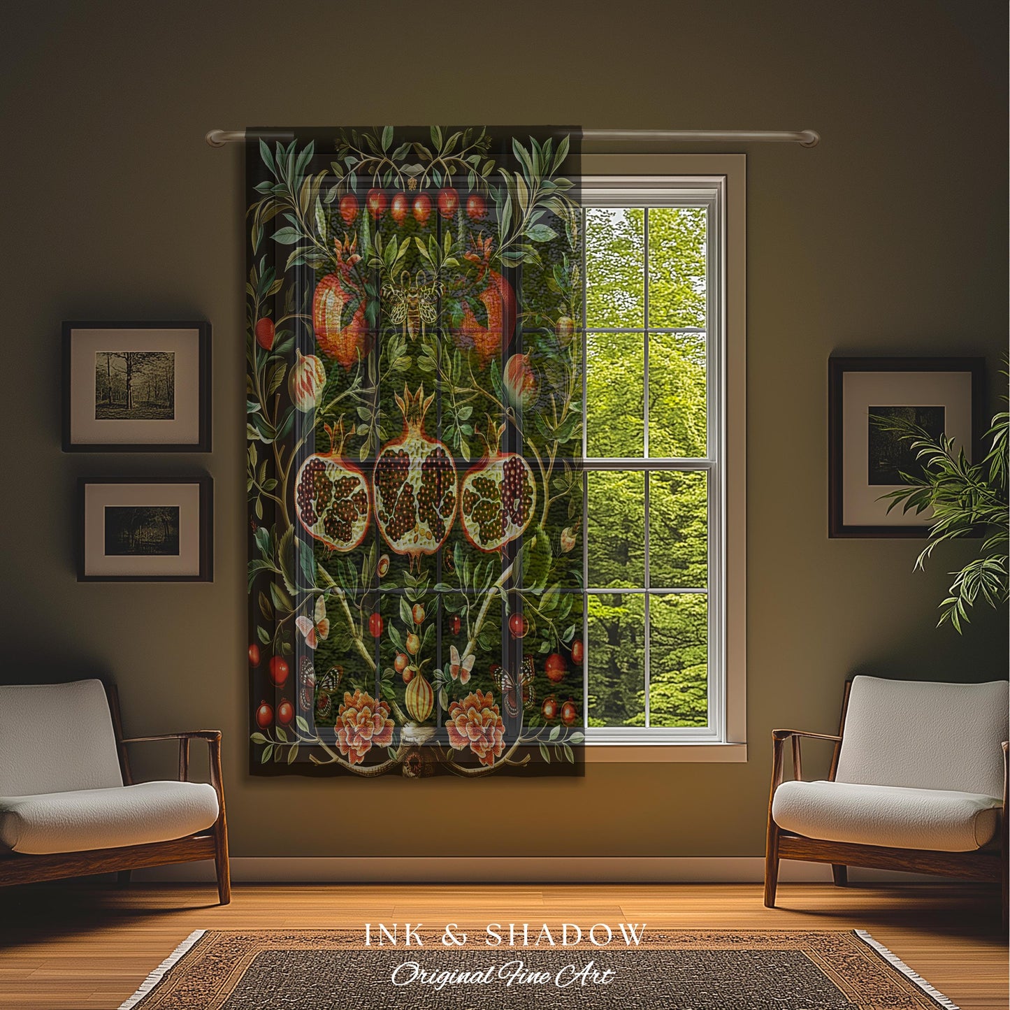 Botanical Pomegranate Drapes Enchanted Floral Whimsigothic Curtains | Dark Academia Woodland Gothic Vintage Cottagegoth Style Occult Decor