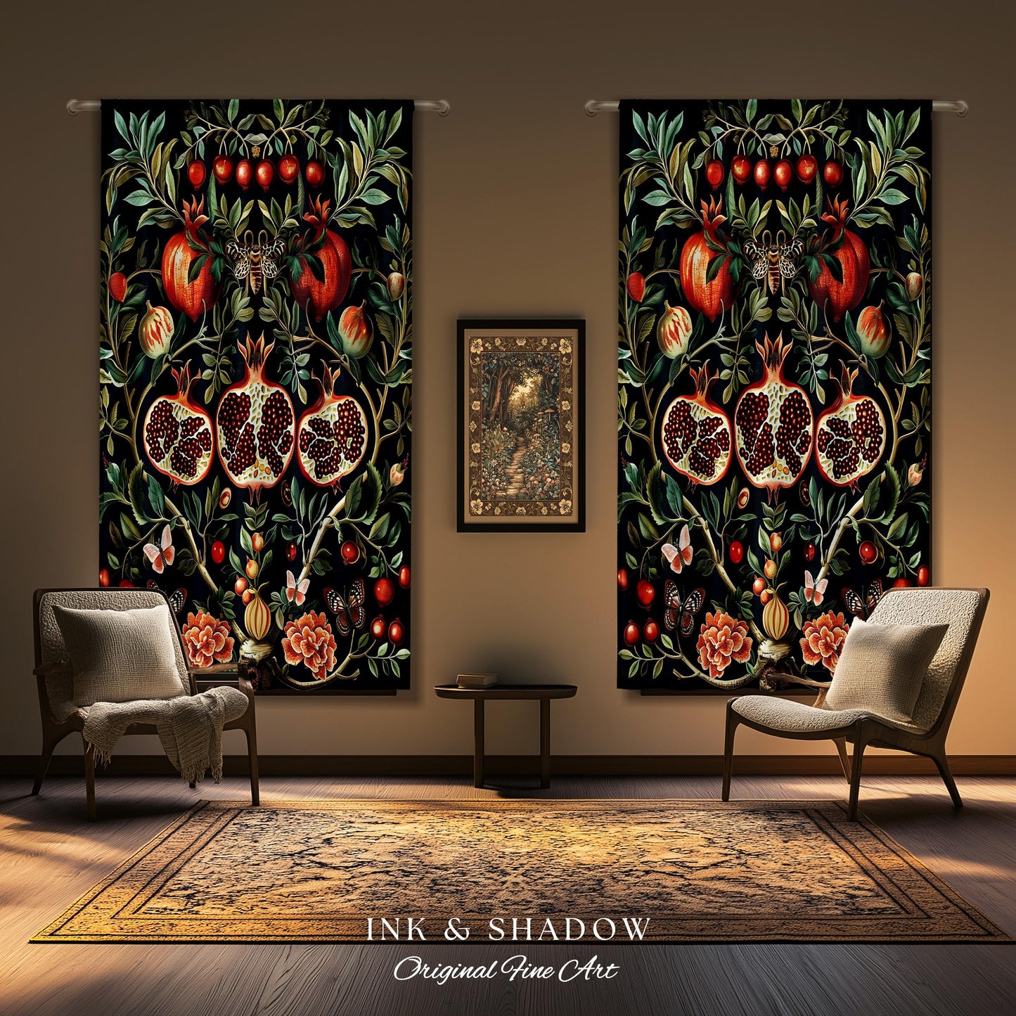 Botanical Pomegranate Drapes Enchanted Floral Whimsigothic Curtains | Dark Academia Woodland Gothic Vintage Cottagegoth Style Occult Decor
