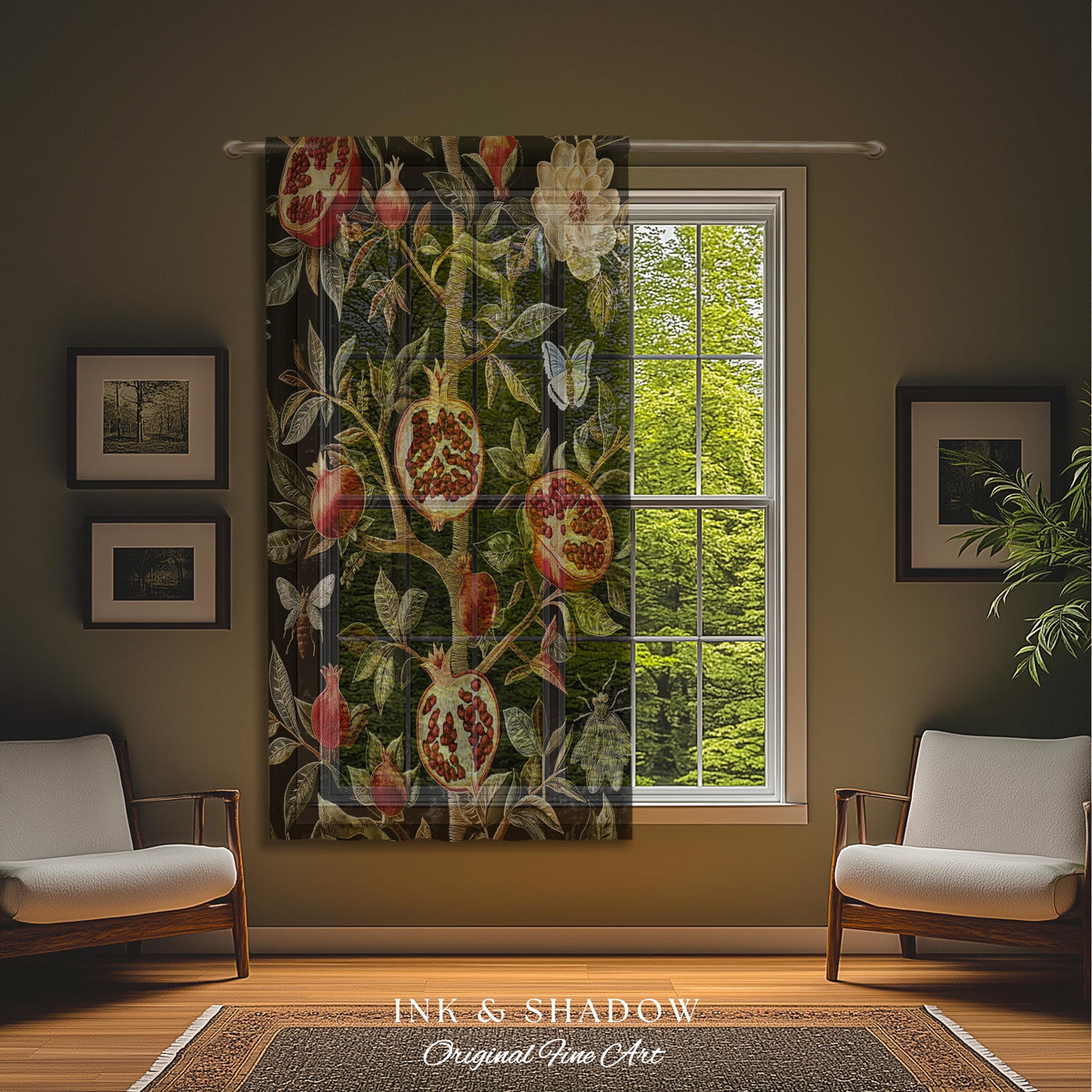 Gothic Pomegranate Curtains Mystical Botanical Drapes | Baroque Inspired Dark Academia Floral Butterfly Fruit Whimsigothic Window Decor |