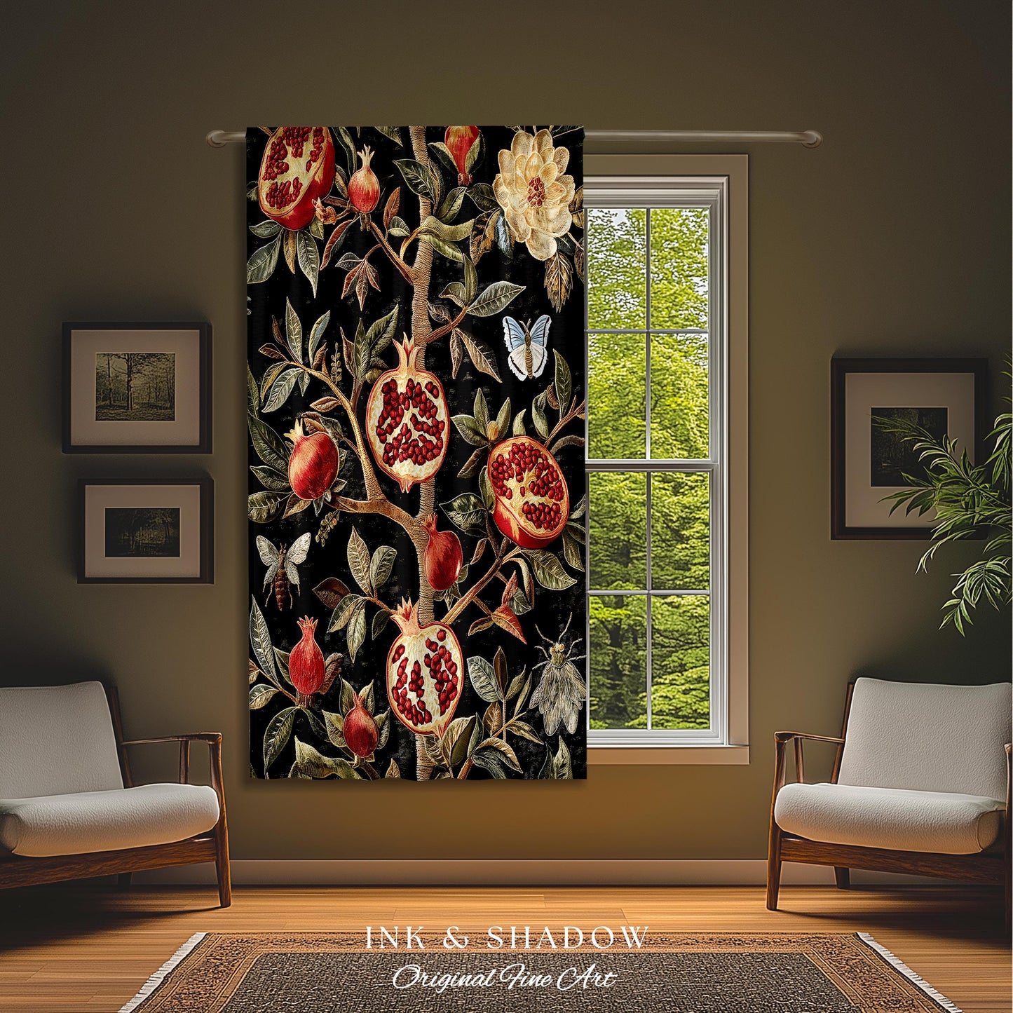 Gothic Pomegranate Curtains Mystical Botanical Drapes | Baroque Inspired Dark Academia Floral Butterfly Fruit Whimsigothic Window Decor |