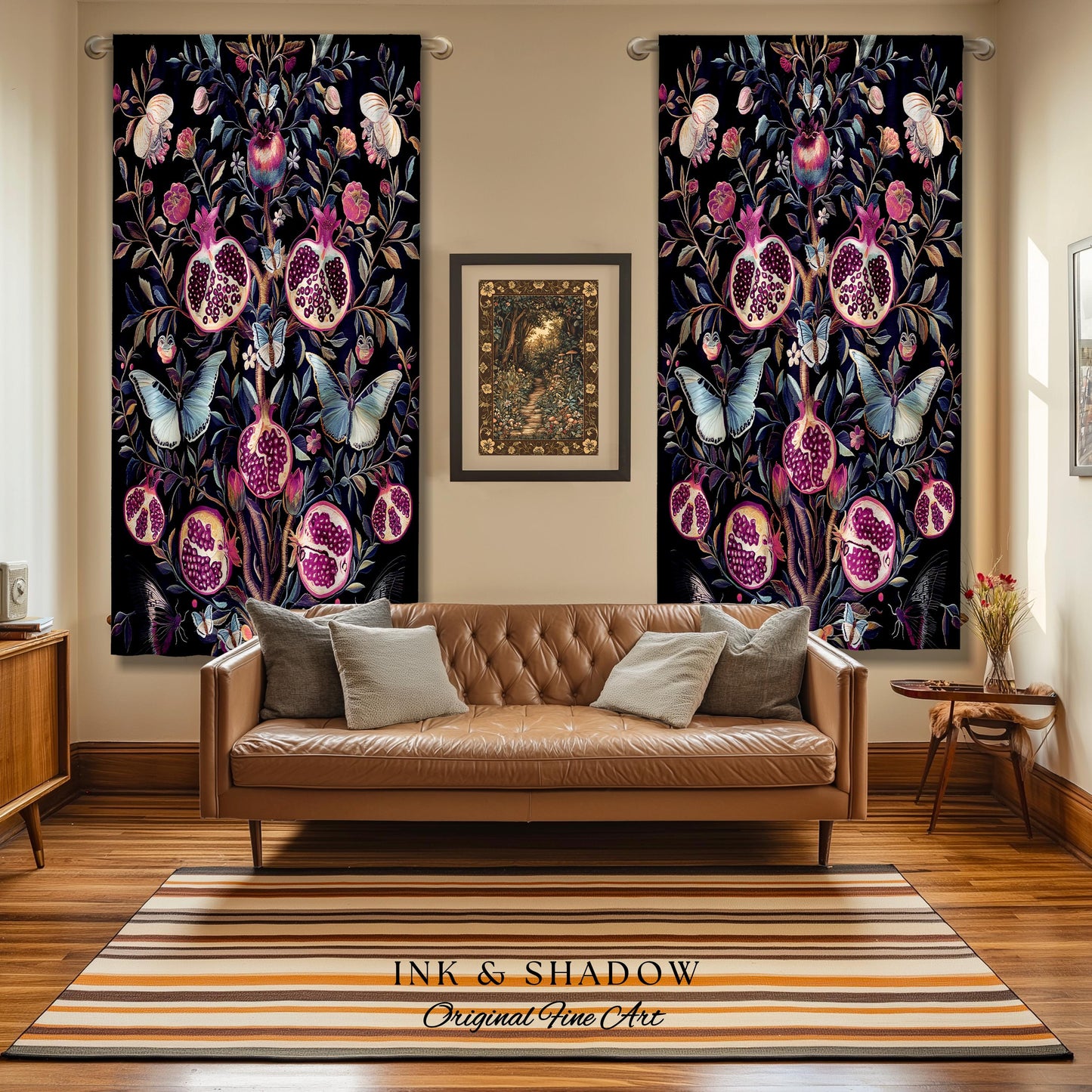 Whimsical Pomegranate Curtain Enchanted Woodland | Dark Academia Vintage Floral Aesthetic Butterfly Art Ethereal Decor Colorful Drapes Boho