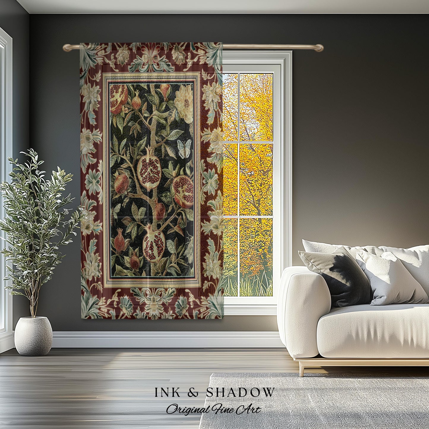 Floral Whimsigoth Vintage Pomegranate Art Nature Curtains Cottagegoth Botanical Baroque Elegance, Medieval Style Forestcore Drapes Whimsical