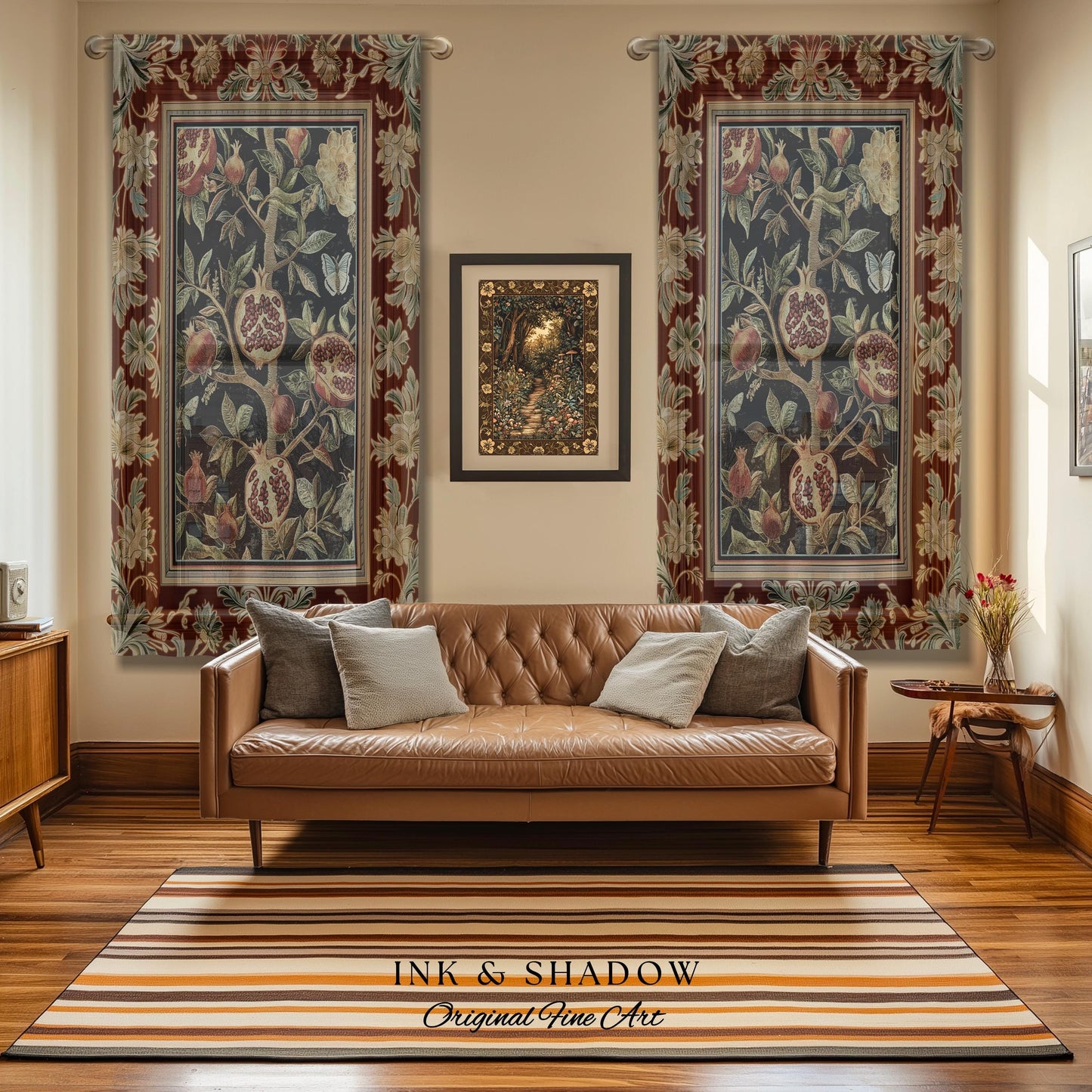 Floral Whimsigoth Vintage Pomegranate Art Nature Curtains Cottagegoth Botanical Baroque Elegance, Medieval Style Forestcore Drapes Whimsical