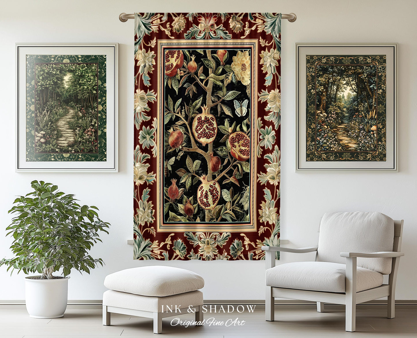 Floral Whimsigoth Vintage Pomegranate Art Nature Curtains Cottagegoth Botanical Baroque Elegance, Medieval Style Forestcore Drapes Whimsical