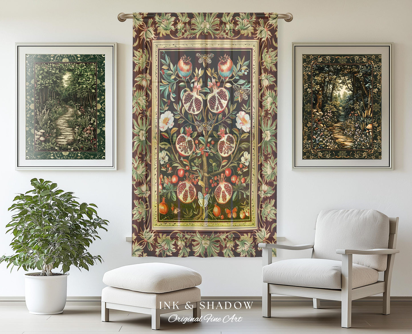 Antique Aesthetic Pomegranate Curtain Enchanted Garden Inspired Drapes | Dark Cottagecore Gothic Woodland Whimsy Floral Butterfly Moth Decor