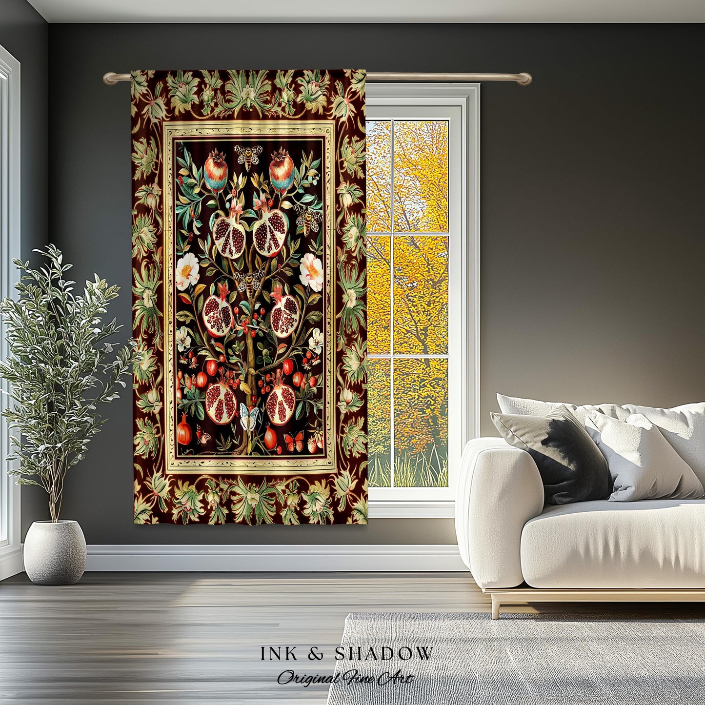 Antique Aesthetic Pomegranate Curtain Enchanted Garden Inspired Drapes | Dark Cottagecore Gothic Woodland Whimsy Floral Butterfly Moth Decor