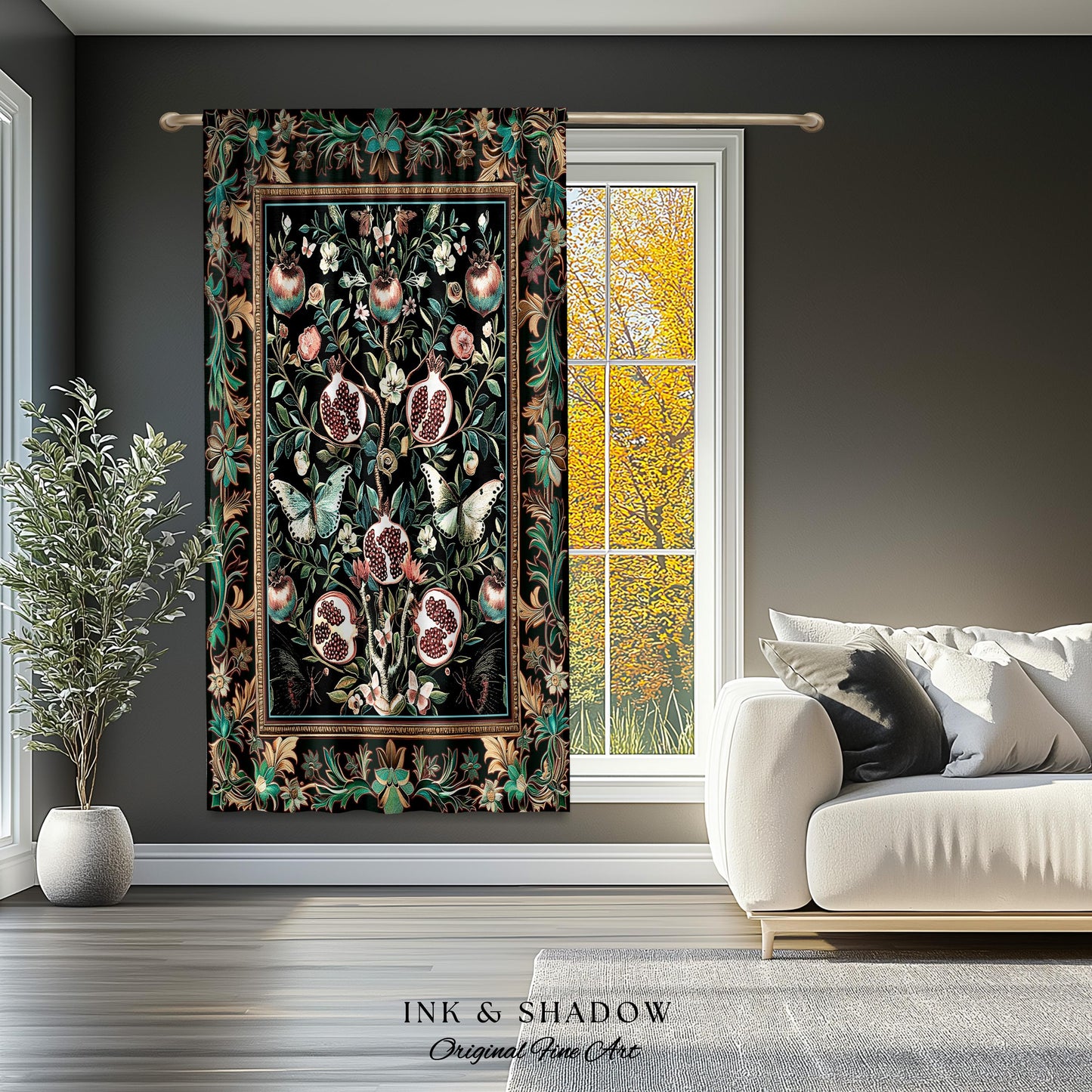 Mystical Pomegranate Forestcore Design Curtain Whimsical Nature Inspired Botanical Cottagecore Decor, Vintage Woodland Gothic Drapes Magical