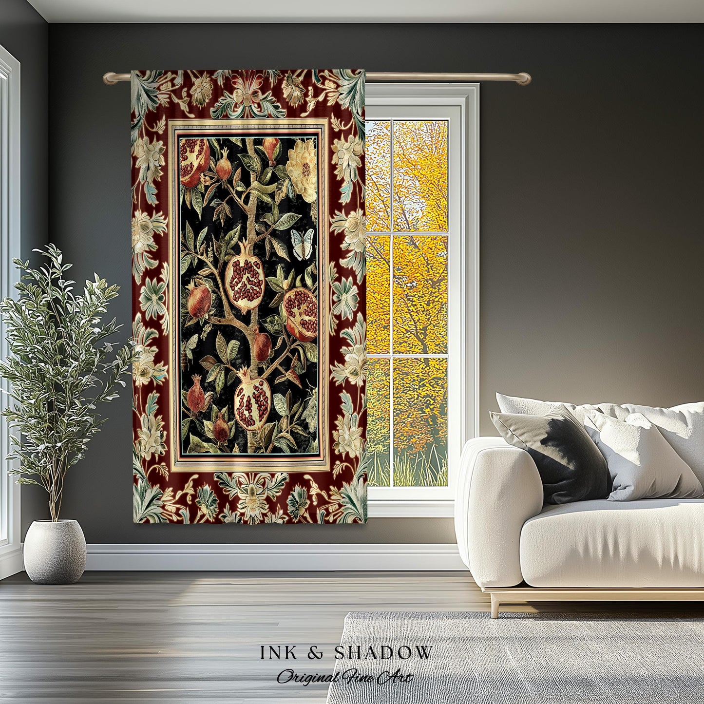 Floral Whimsigoth Vintage Pomegranate Art Nature Curtains Cottagegoth Botanical Baroque Elegance, Medieval Style Forestcore Drapes Whimsical