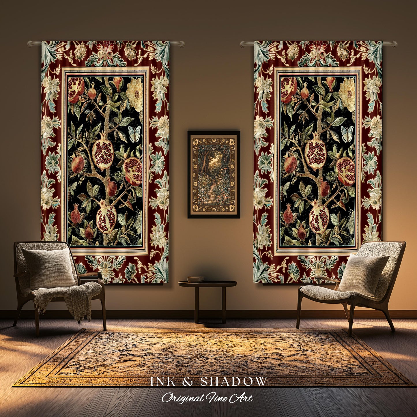 Floral Whimsigoth Vintage Pomegranate Art Nature Curtains Cottagegoth Botanical Baroque Elegance, Medieval Style Forestcore Drapes Whimsical