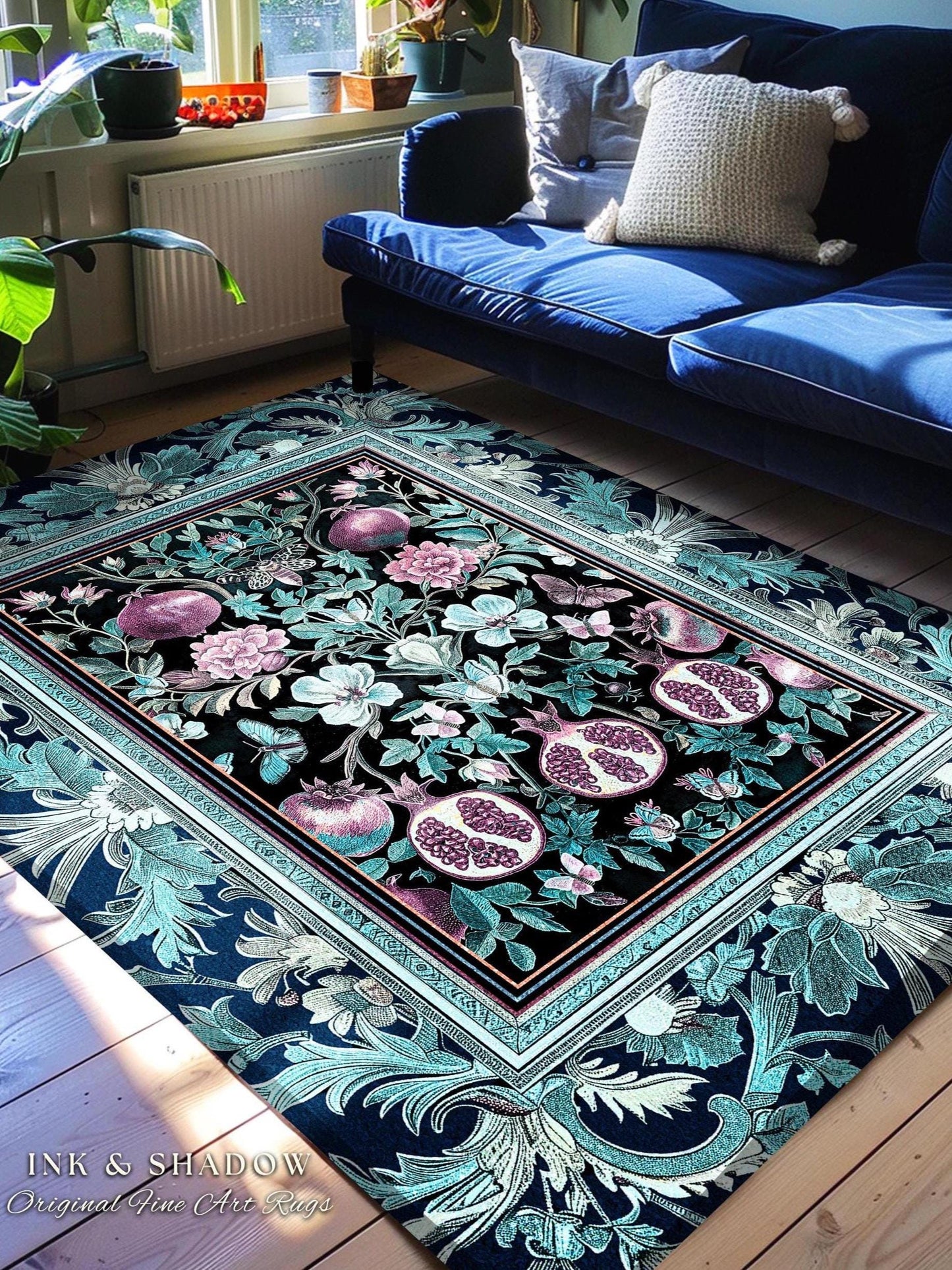 Bohemian Art Nouveau Style Mystic Fairy Grunge Forestcore Pomegranate Rug, Ethereal Woodland Floral Botanical Butterfly Cottagecore Whimsy