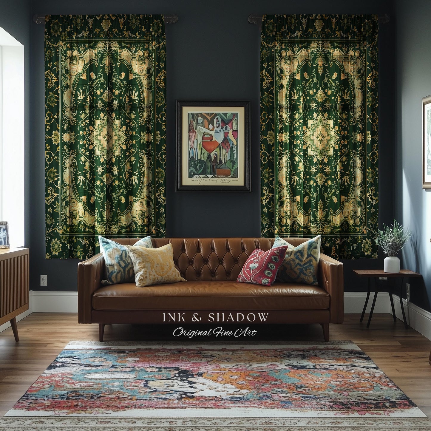 Gothic Baroque Emerald Curtain Panels | Enchanted Cottagecore Aesthetic Romantic Interior Style Soft Gothic Decor Baroque-Inspired Drapes |