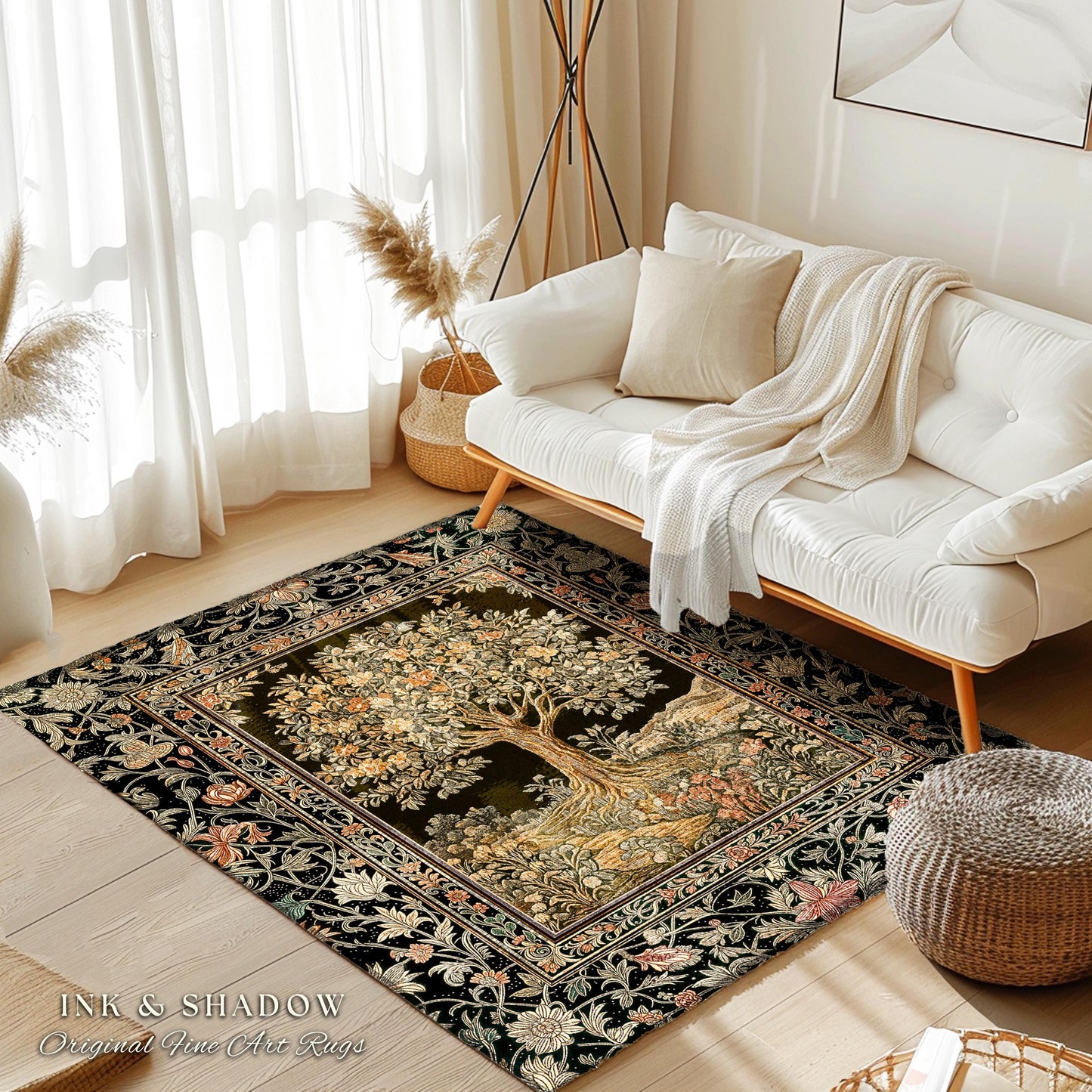 Muted Tones Eclectic Tree of Life Rug | Rustic Bohemian Aesthetic Decor Nature Inspired Bedroom Accent Rug Enchanted Cottagecore Fairycore