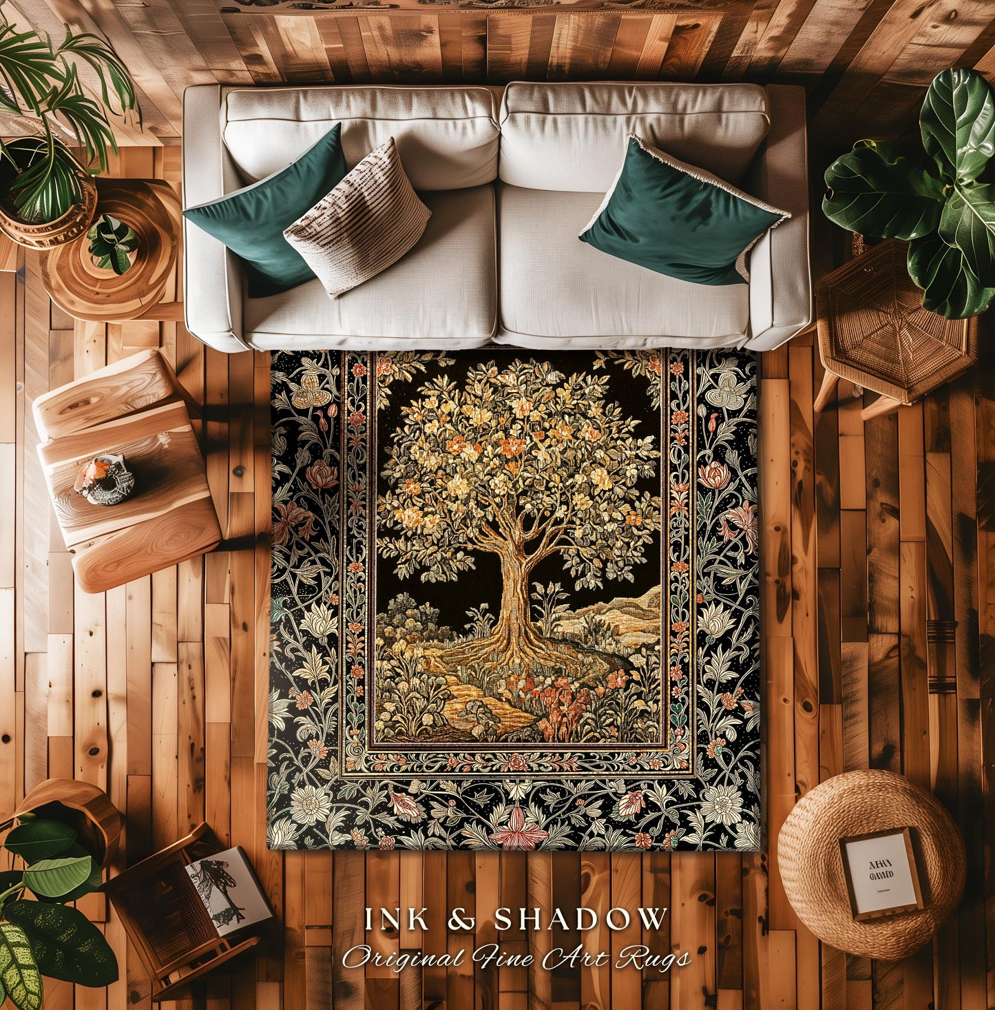 Muted Tones Eclectic Tree of Life Rug | Rustic Bohemian Aesthetic Decor Nature Inspired Bedroom Accent Rug Enchanted Cottagecore Fairycore