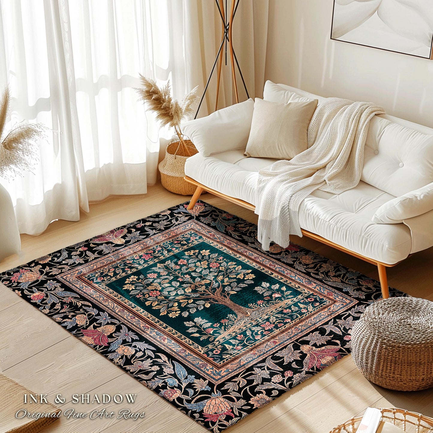 Victorian Folk Art Tree Area Rug | Floral Morris Inspired Accent Rug Red Roses Ornate Rococo Classical Medieval Garden Design Maximalist |