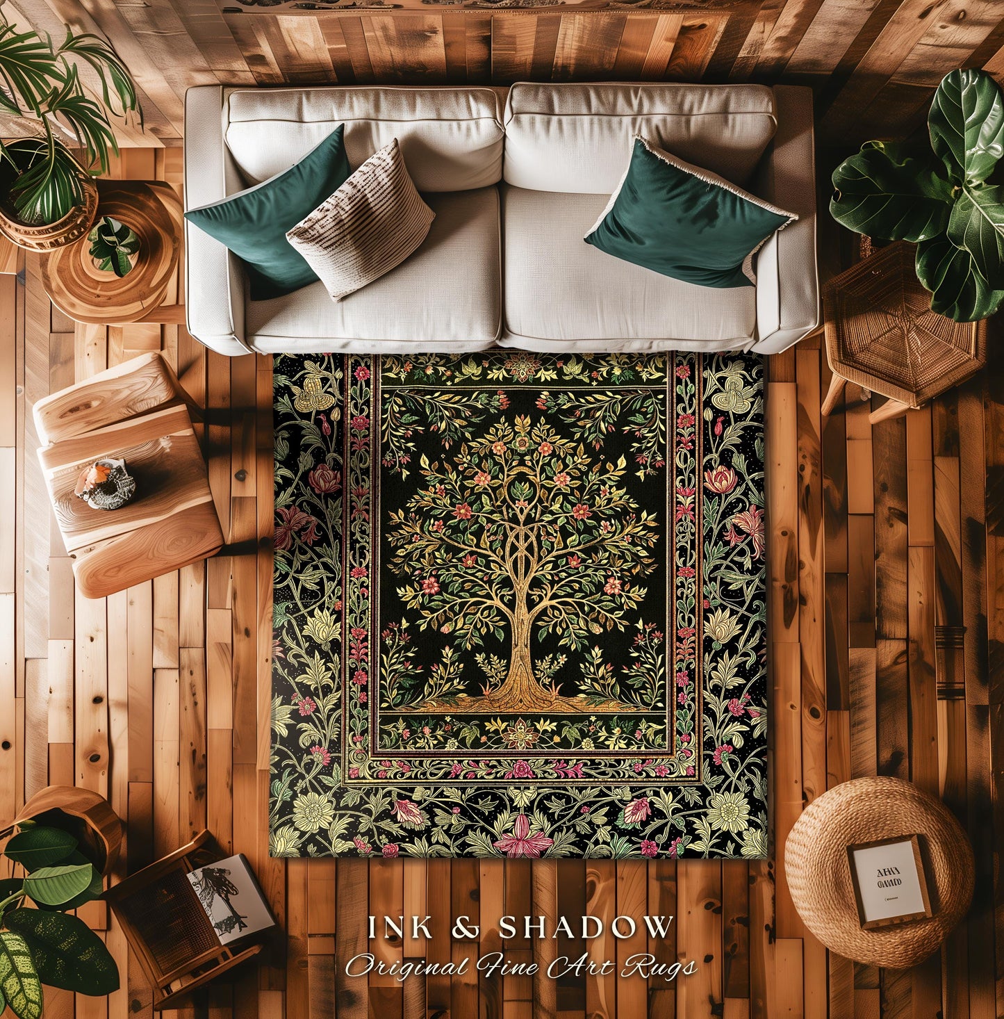 Art Nouveau Maximalist Tree Rug | Ornate Botanical Accent Rug Tree of Life Motif Medieval Floral Pattern Romantic Style Morris Inspired |