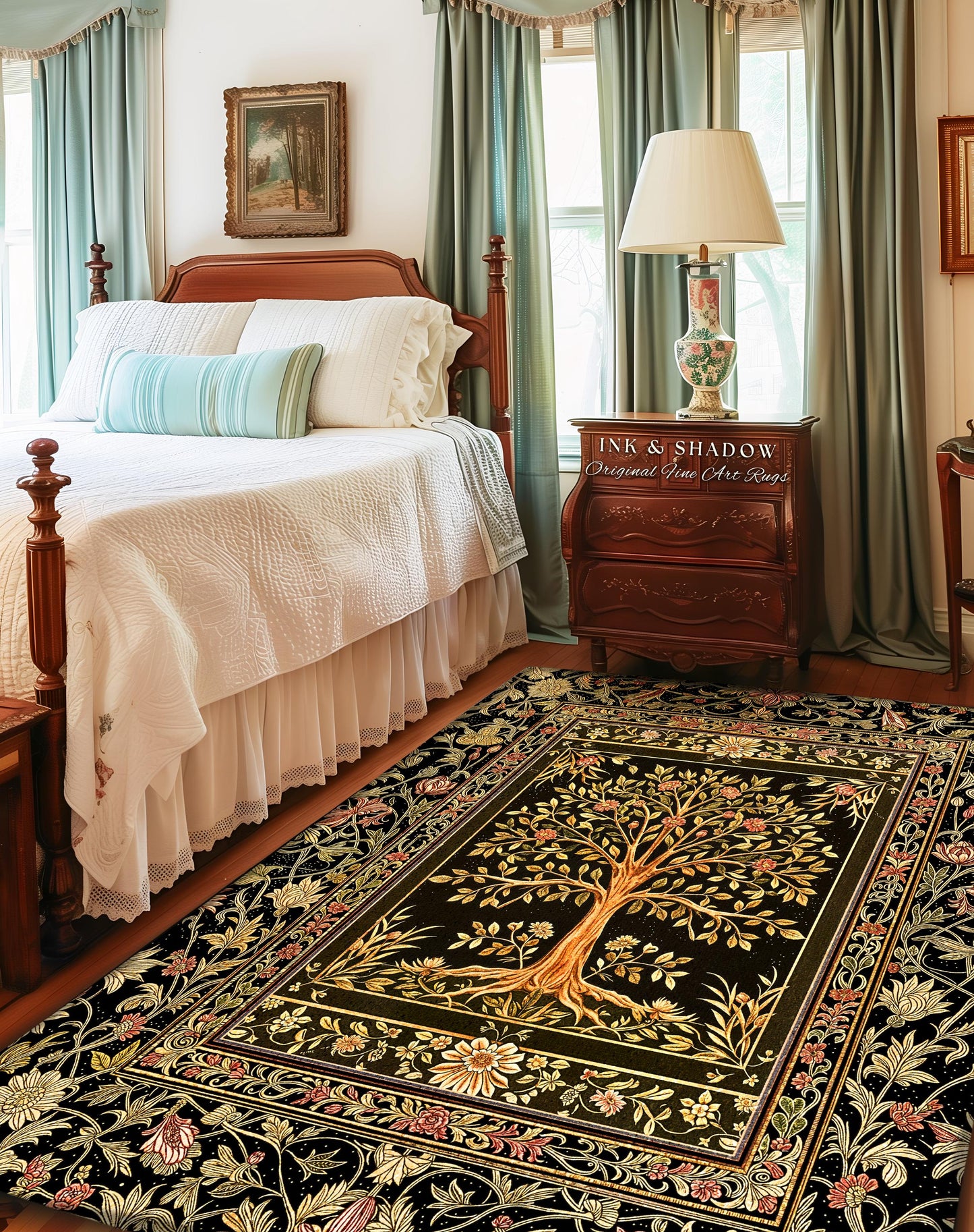 Baroque Forest Whimsical Accent Rug | Ornate Botanical Design Gothic Cottagecore Decor Romantic Fairycore Vintage Floral Bedroom Carpet |