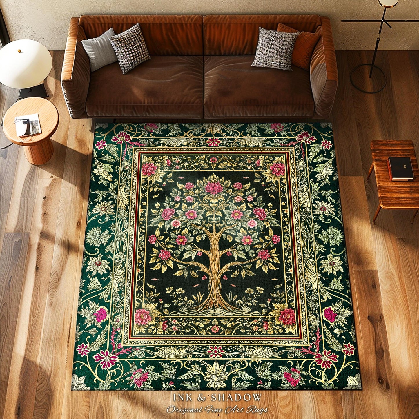 Rosy Botanical Rustic Tree Rug | Woodland Cottagecore Folklore Aesthetic Romantic Decor Vintage Fairycore Bedroom Accent Soft Aesthetic |