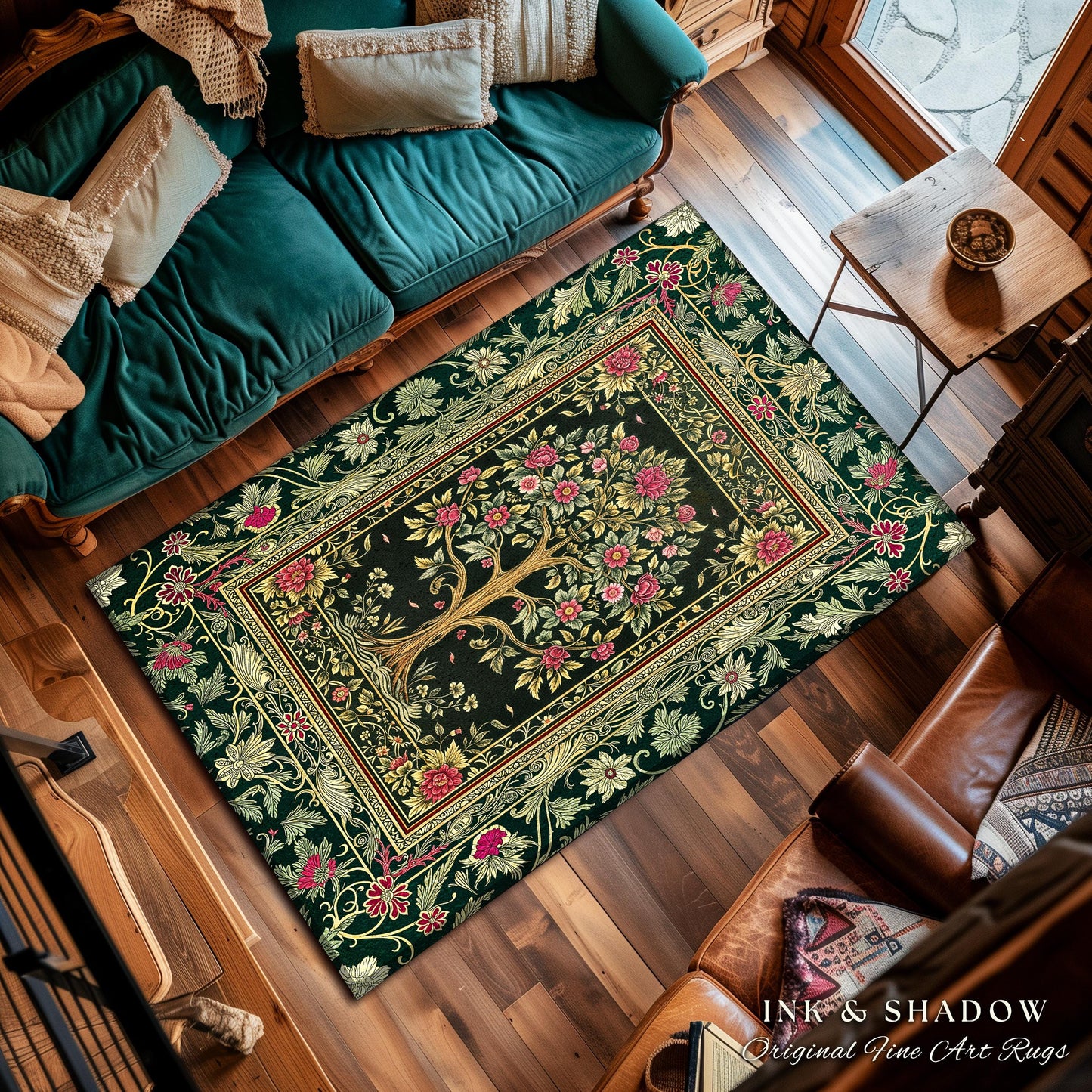 Rosy Botanical Rustic Tree Rug | Woodland Cottagecore Folklore Aesthetic Romantic Decor Vintage Fairycore Bedroom Accent Soft Aesthetic |